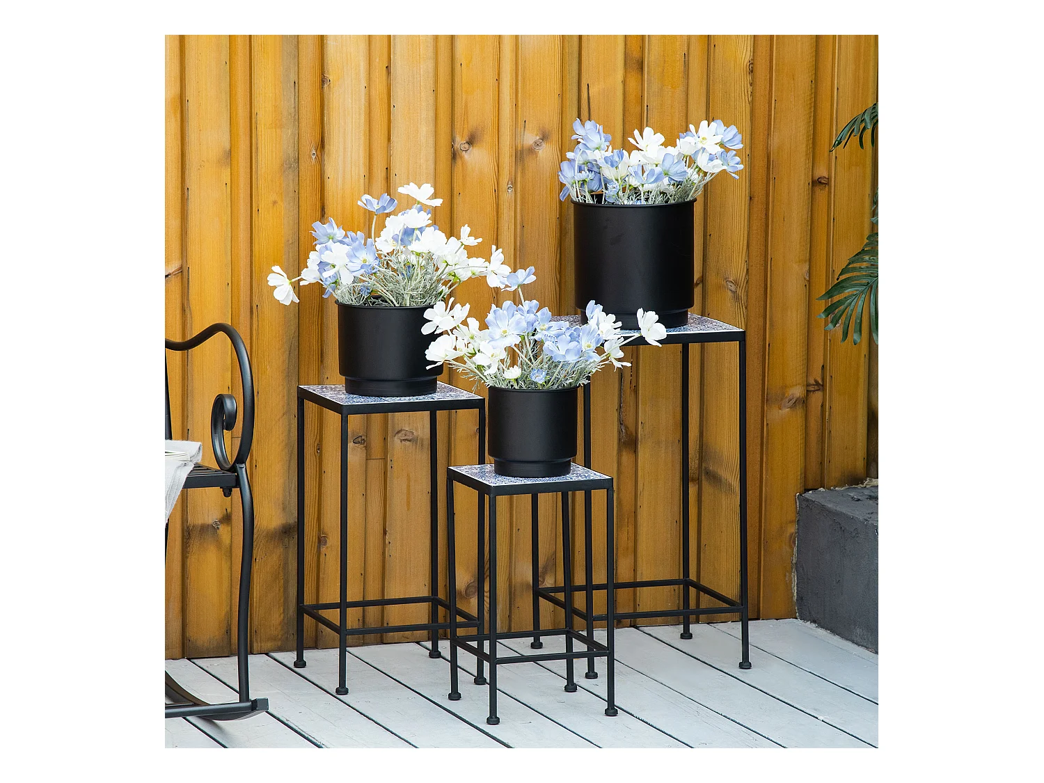 Support pots de fleurs 3 pièces - lot de 3 étagères à fleurs - portes plantes empilables - métal époxy plateaux carreaux céramique bleu