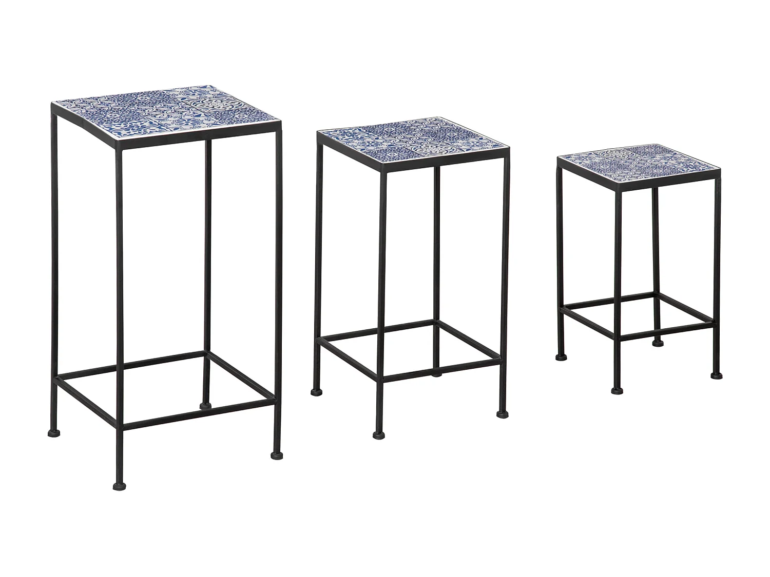 Support pots de fleurs 3 pièces - lot de 3 étagères à fleurs - portes plantes empilables - métal époxy plateaux carreaux céramique bleu