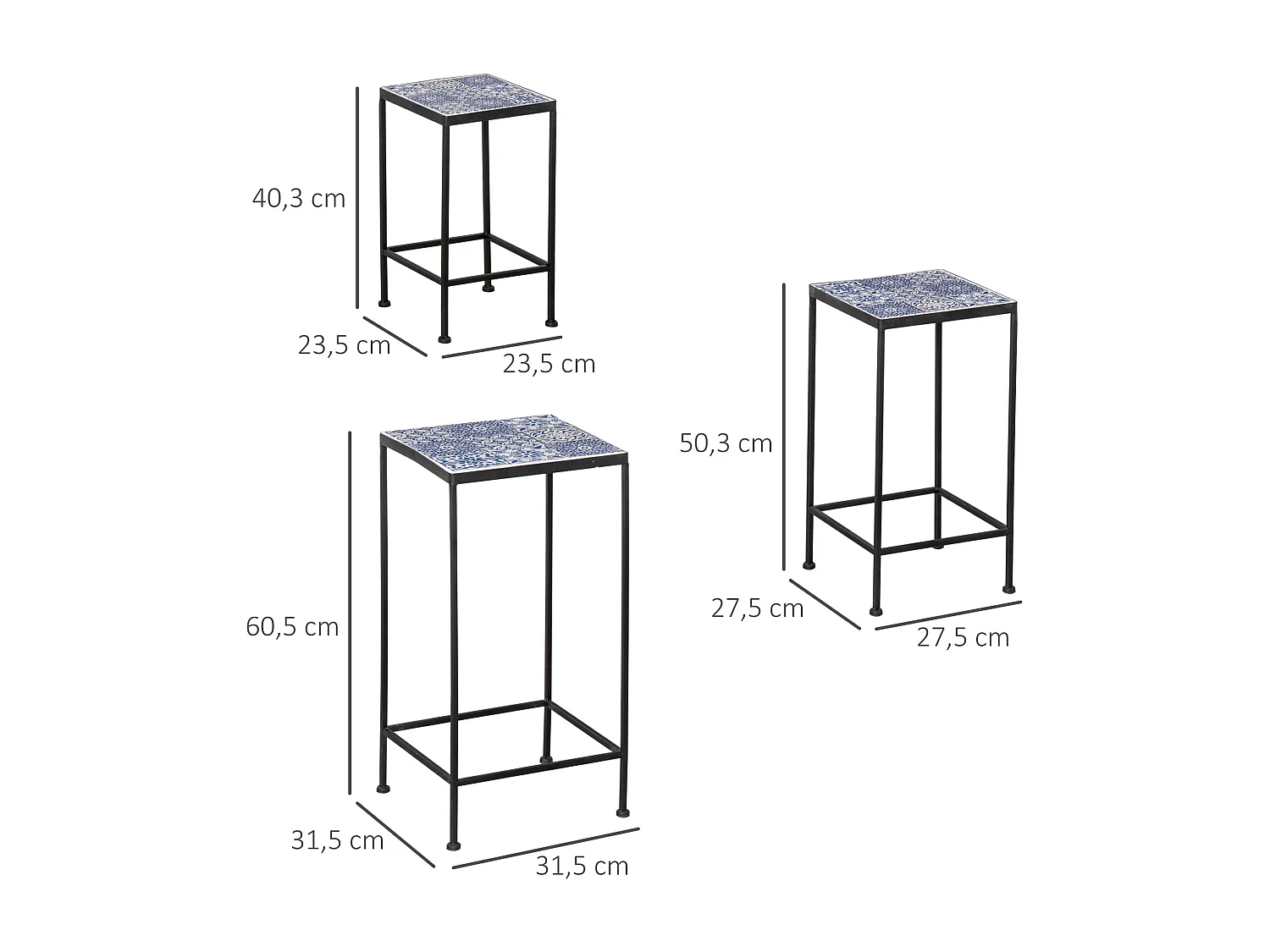 Support pots de fleurs 3 pièces - lot de 3 étagères à fleurs - portes plantes empilables - métal époxy plateaux carreaux céramique bleu