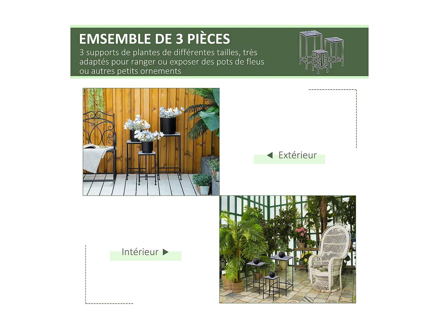 Support pots de fleurs 3 pièces - lot de 3 étagères à fleurs - portes plantes empilables - métal époxy plateaux carreaux céramique bleu