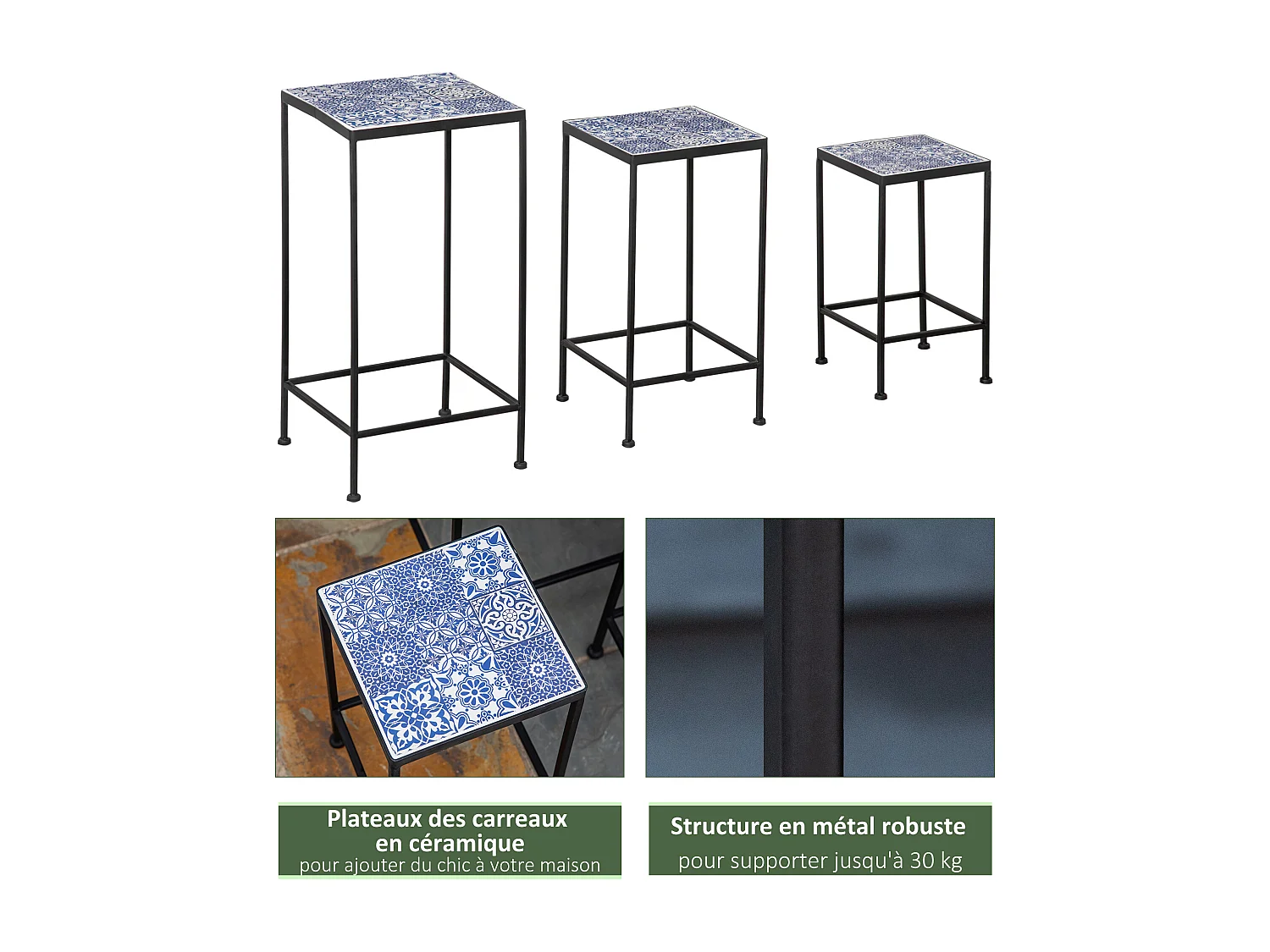 Support pots de fleurs 3 pièces - lot de 3 étagères à fleurs - portes plantes empilables - métal époxy plateaux carreaux céramique bleu