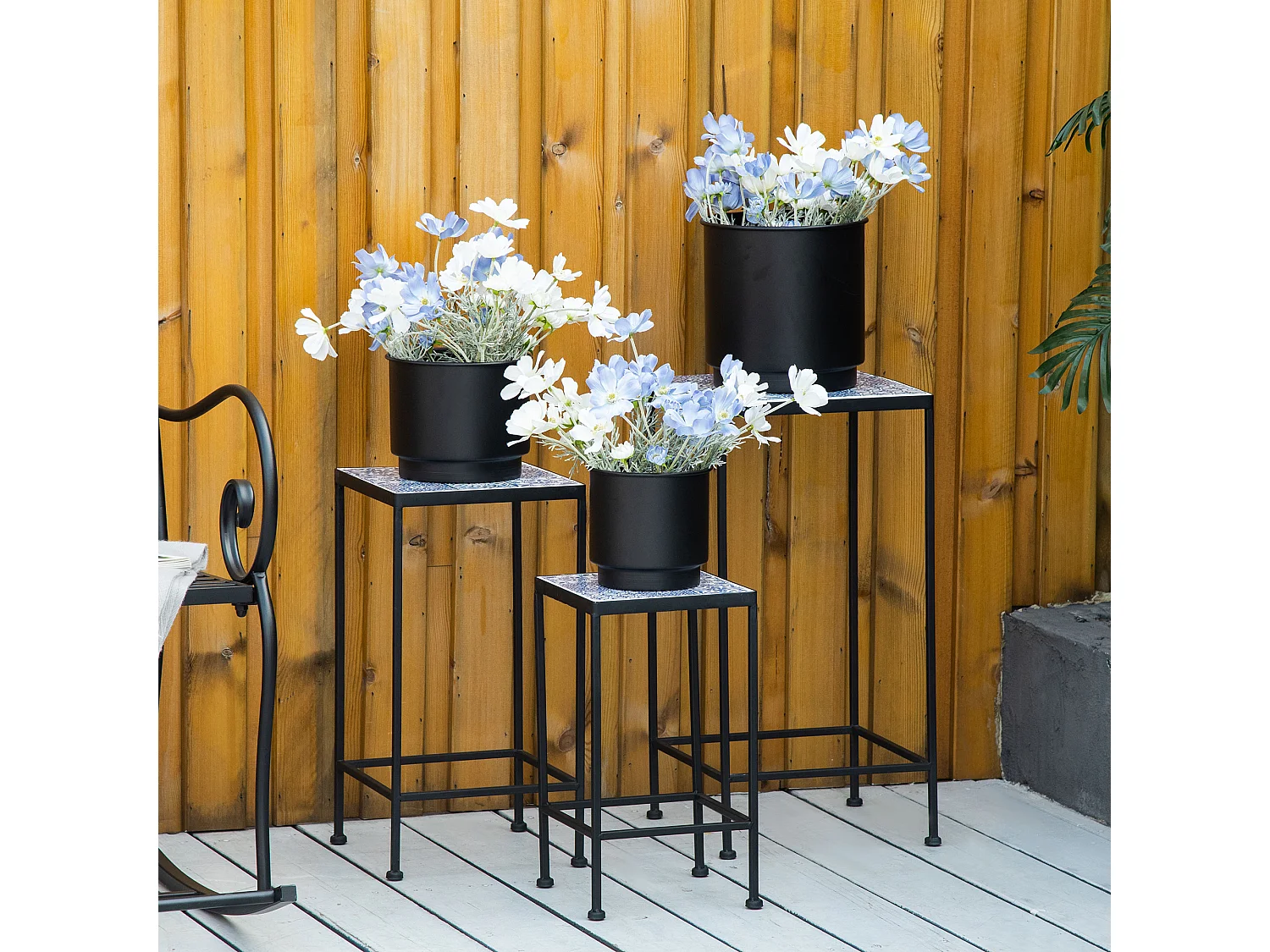 Support pots de fleurs 3 pièces - lot de 3 étagères à fleurs - portes plantes empilables - métal époxy plateaux carreaux céramique bleu