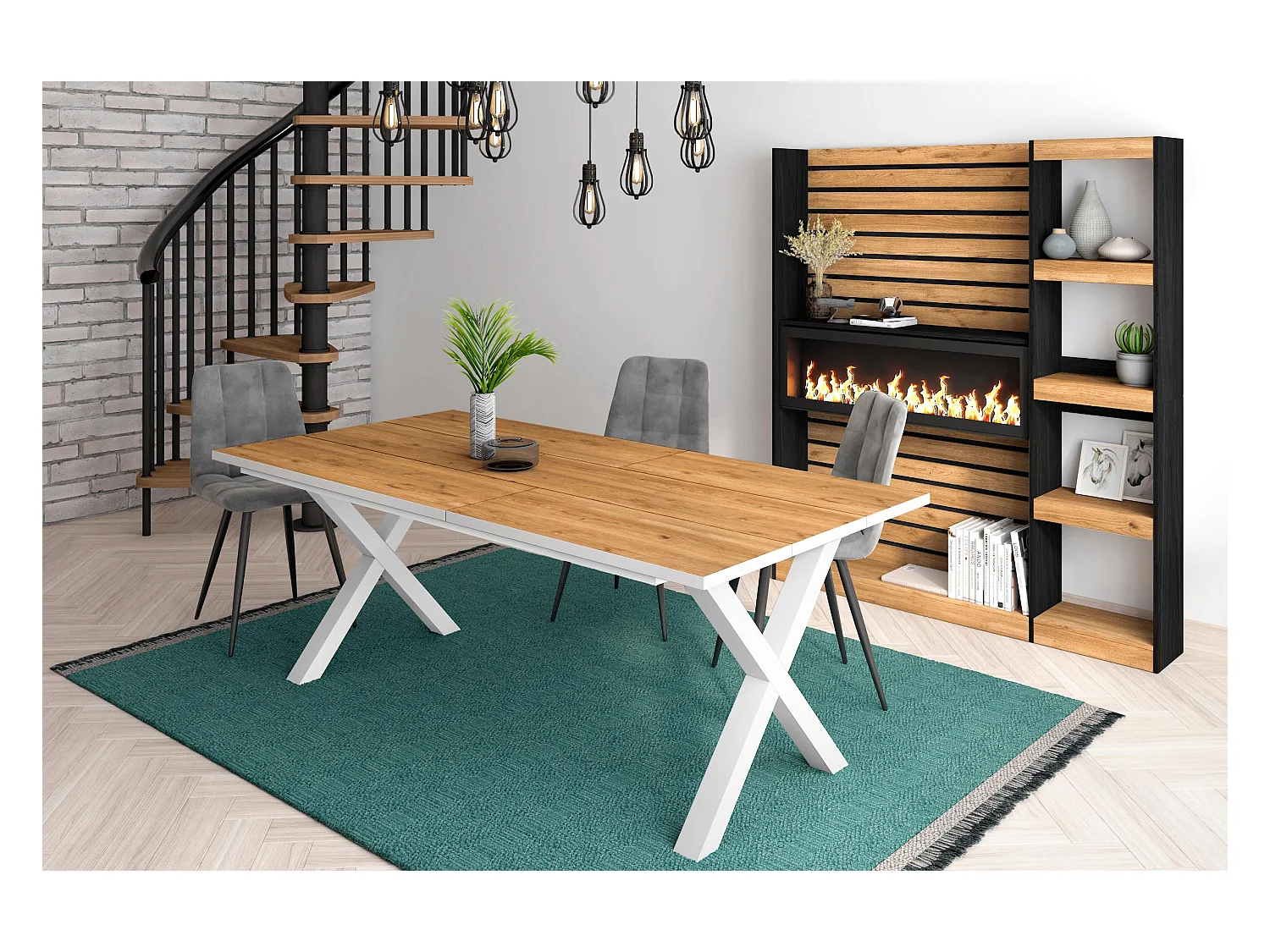 Eettafel, 10 personen, 200, Robuust en stabiel dankzij zijn structuur en solide poten, Eiken en witte , Industriële stijl