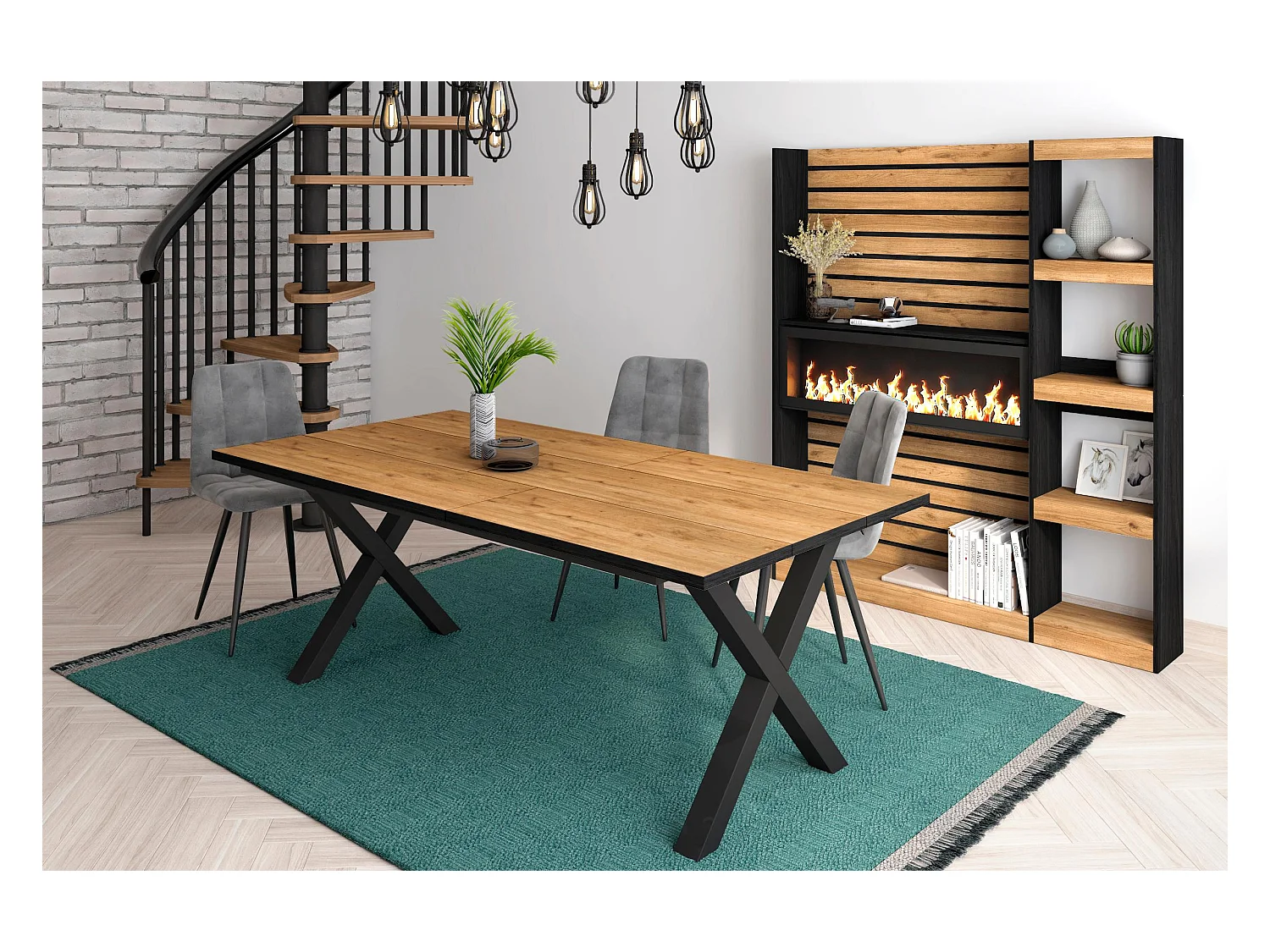 Mesa de sala de jantar, 10 pessoas, 194x90x75cm, Robusto e estável graças à sua estrutura e pernas sólidas, Carvalho e  preta, industrial