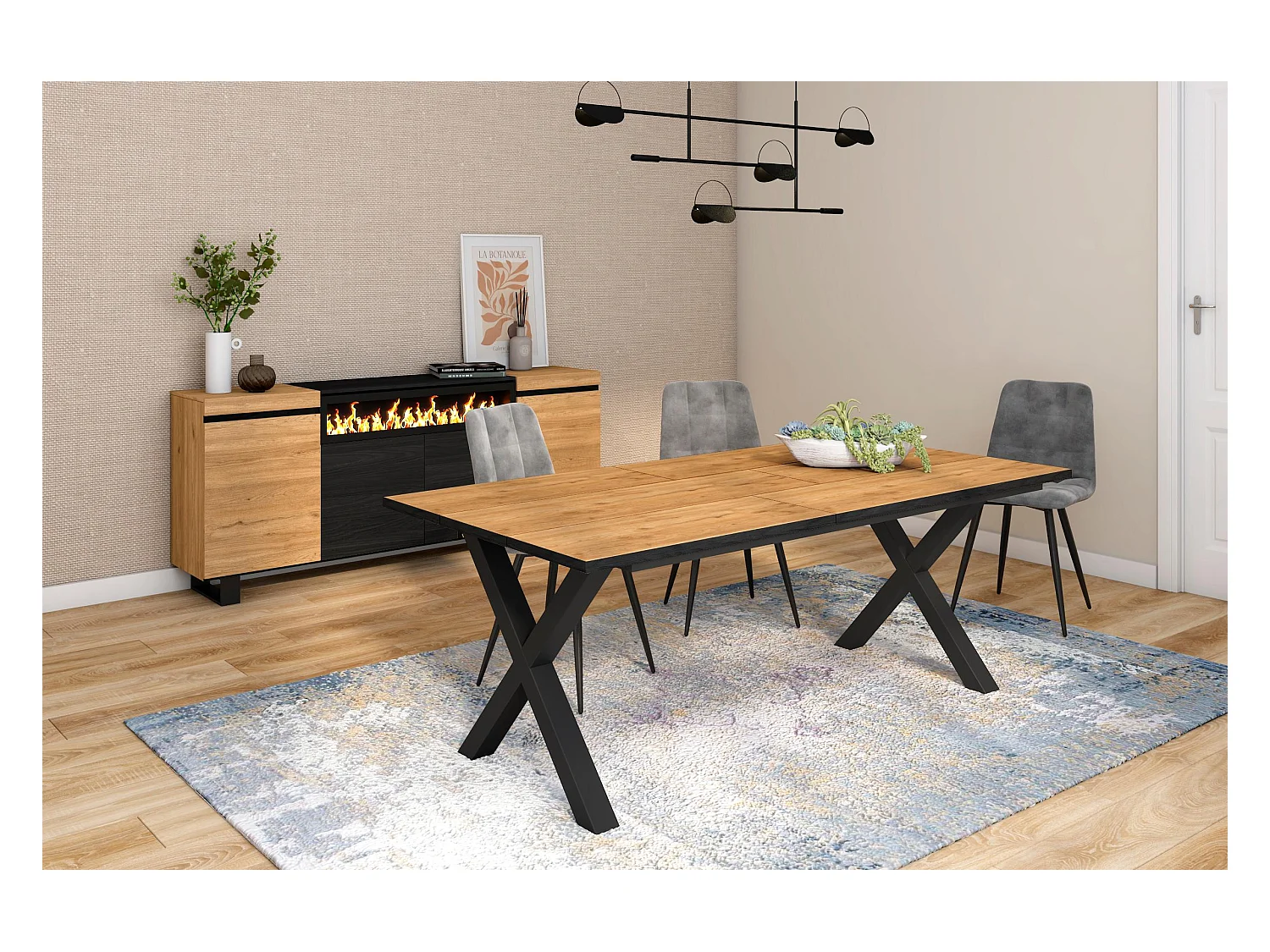 Mesa de sala de jantar, 10 pessoas, 194x90x75cm, Robusto e estável graças à sua estrutura e pernas sólidas, Carvalho e  preta, industrial