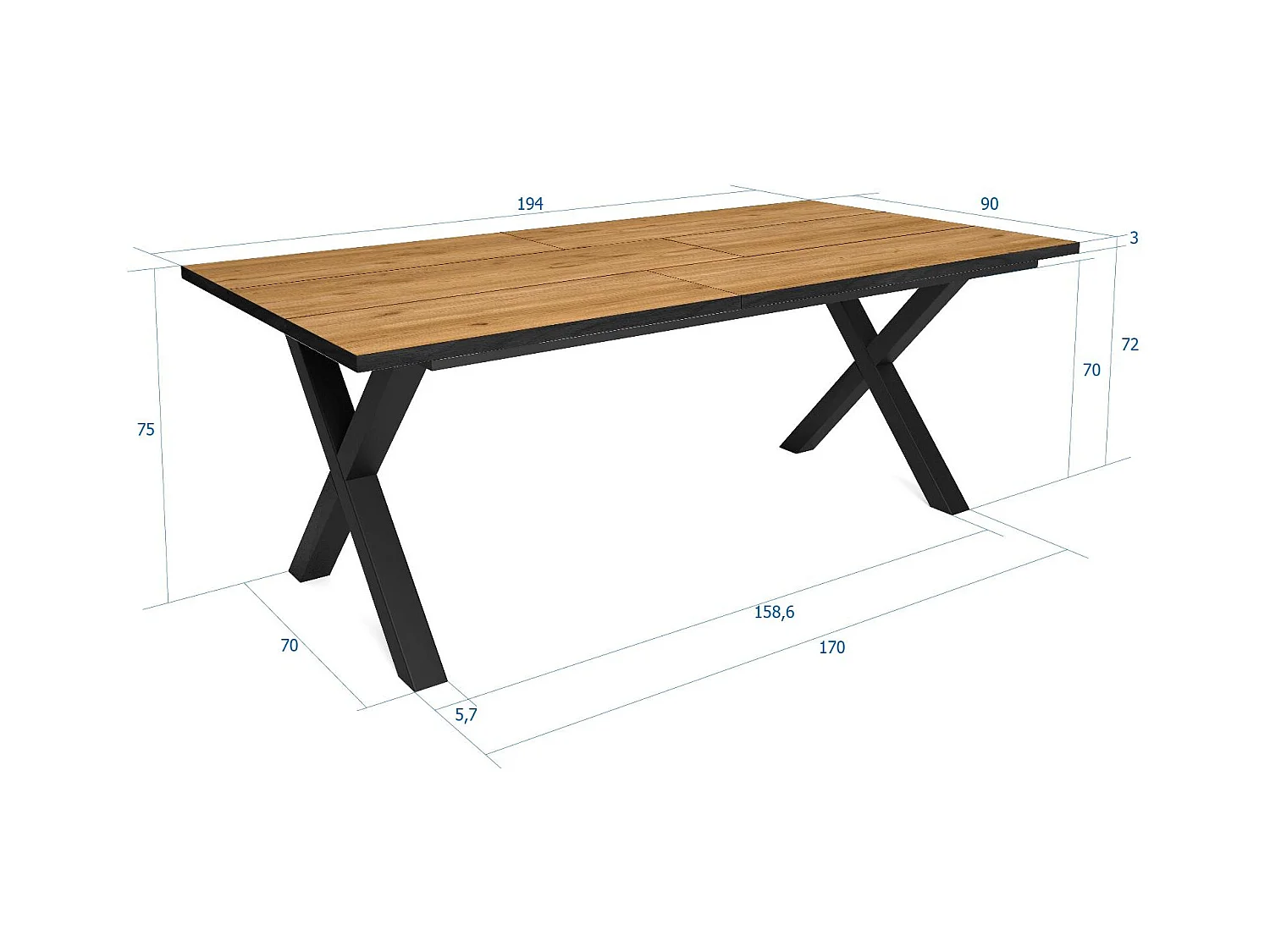 Mesa de sala de jantar, 10 pessoas, 194x90x75cm, Robusto e estável graças à sua estrutura e pernas sólidas, Carvalho e  preta, industrial