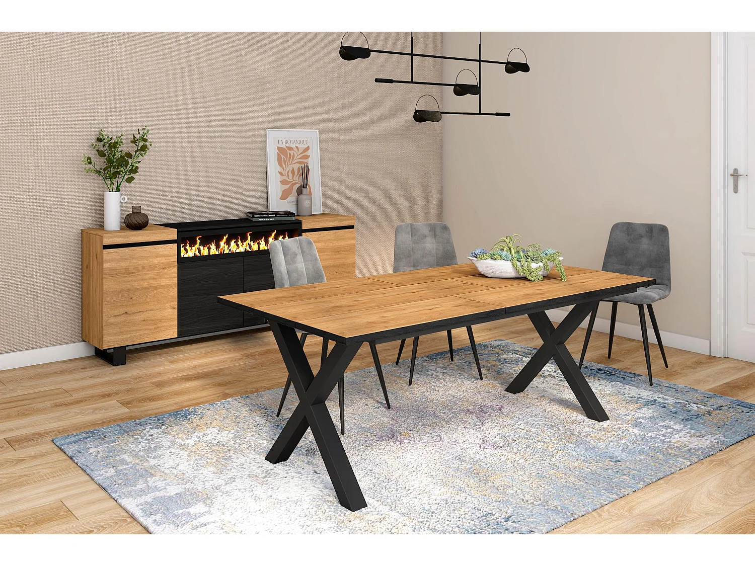 Eettafel, 10 personen, 194x90x75cm, Robuust en stabiel dankzij zijn structuur en solide poten, Eiken en zwarte , Industriële stijl