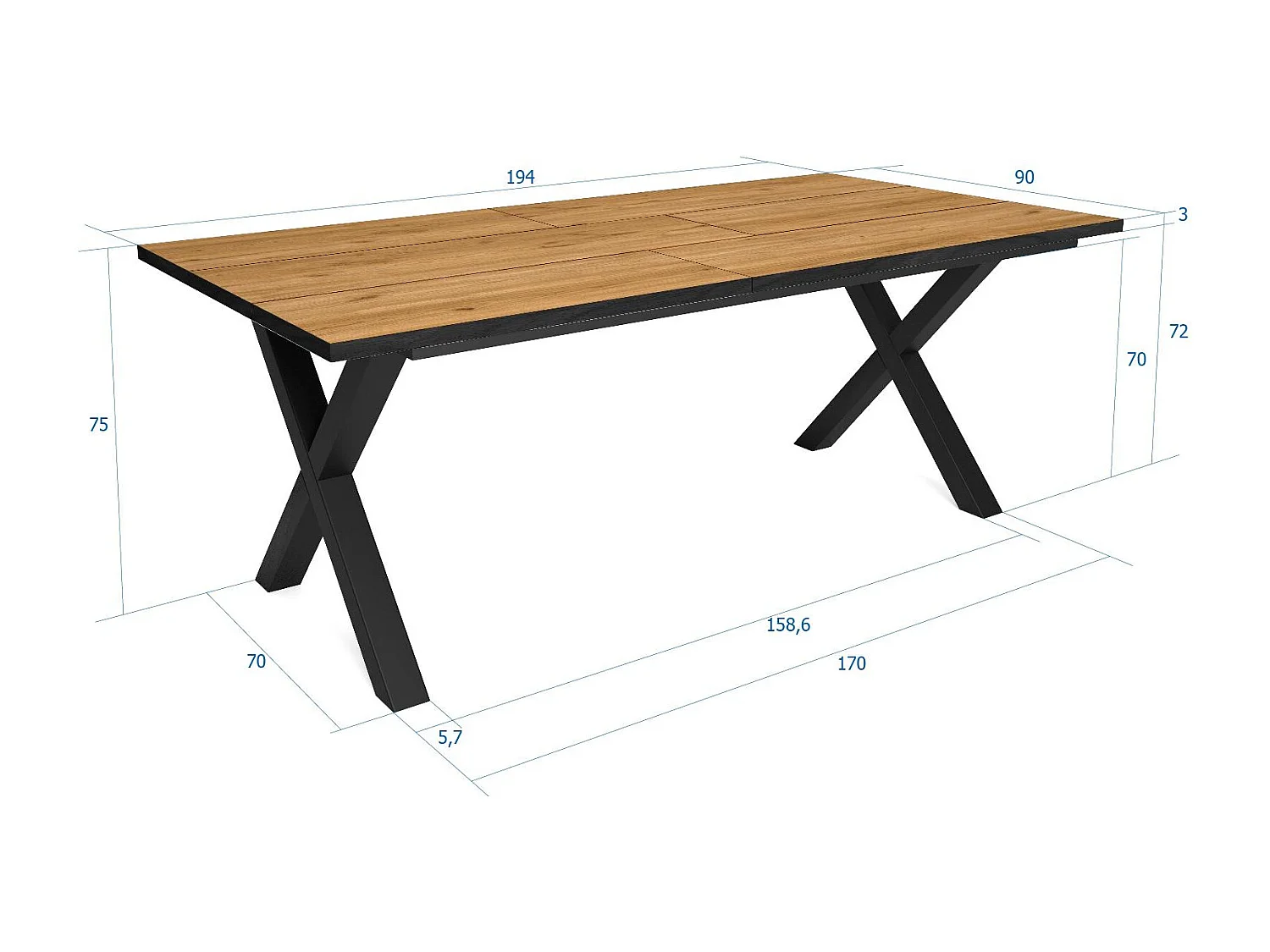 Eettafel, 10 personen, 194x90x75cm, Robuust en stabiel dankzij zijn structuur en solide poten, Eiken en zwarte , Industriële stijl