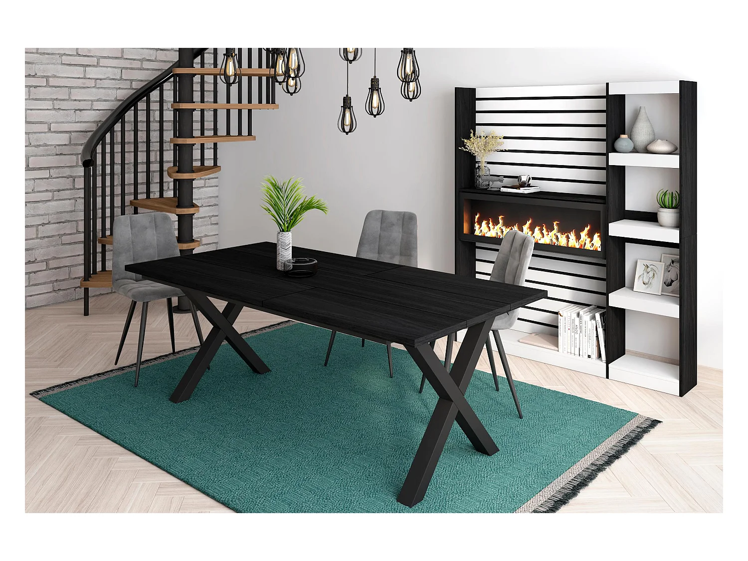 Table à manger, 10 personnes, 194x90x75cm, Robuste et stable grâce à sa structure et aux pieds solides, Noir, Style industriel