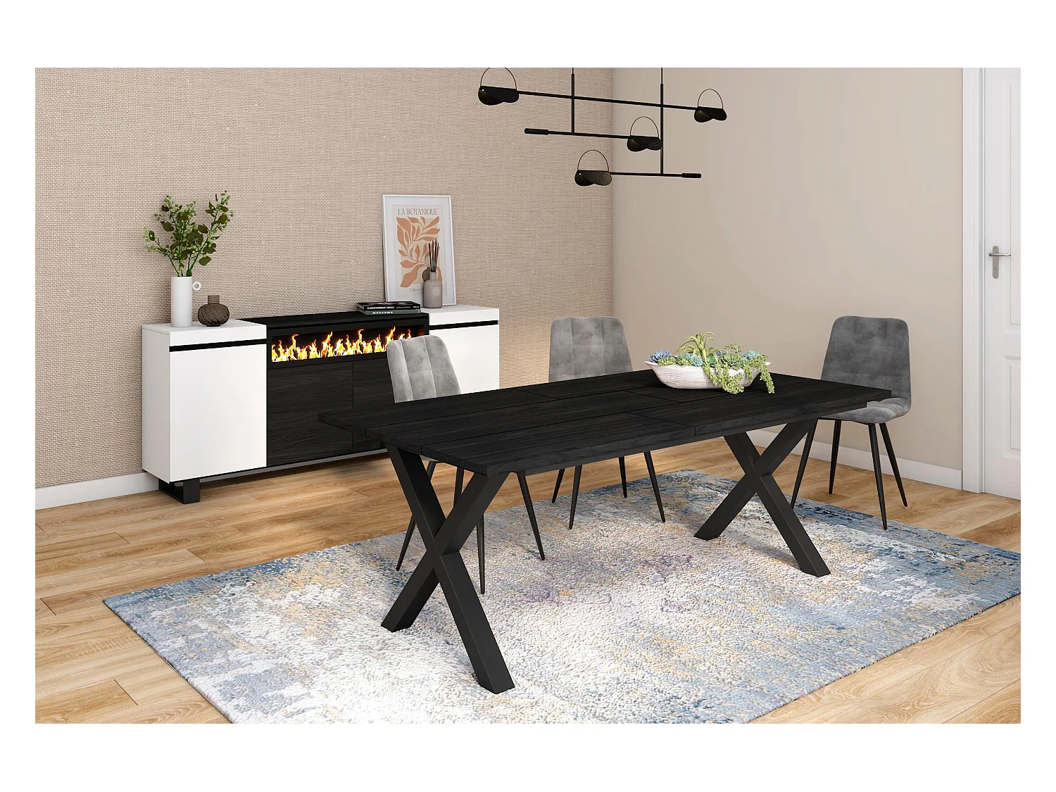 Table à manger, 10 personnes, 194x90x75cm, Robuste et stable grâce à sa structure et aux pieds solides, Noir, Style industriel