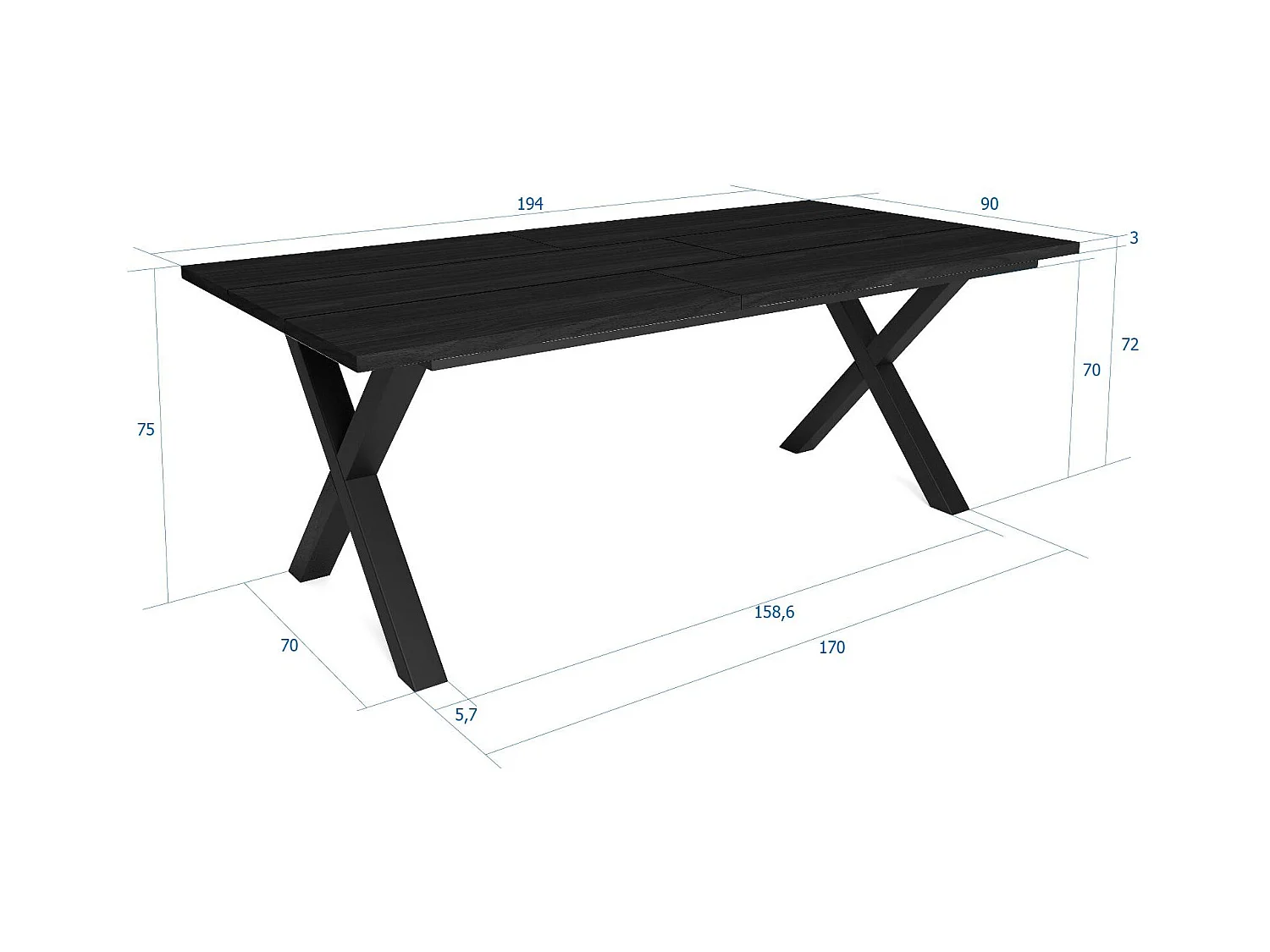 Table à manger, 10 personnes, 194x90x75cm, Robuste et stable grâce à sa structure et aux pieds solides, Noir, Style industriel