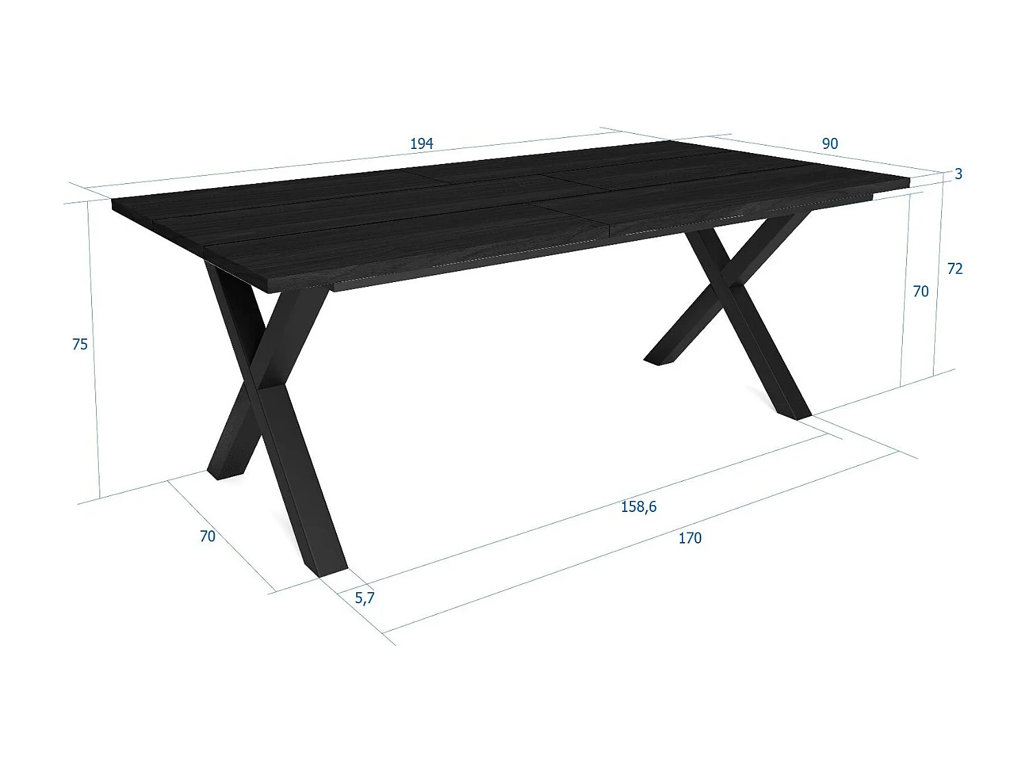 Eettafel, 10 personen, 194x90x75cm, Robuust en stabiel dankzij zijn structuur en solide poten, Zwart, Industriële stijl
