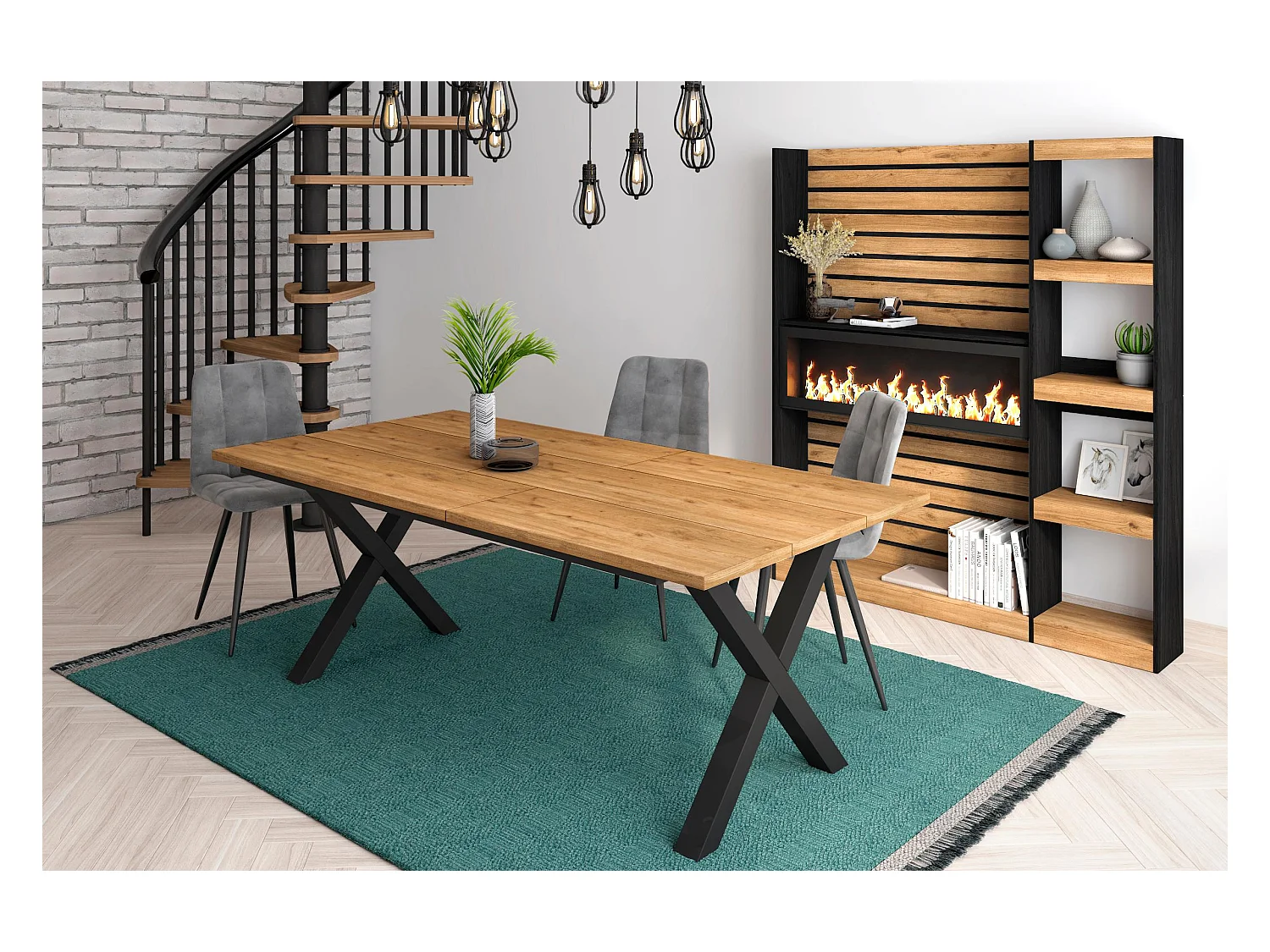 Mesa de Comedor, 10 Comensales, 194x90x75cm, Robusta y estable gracias a su estructura y patas macizas, Roble, Estilo Industrial
