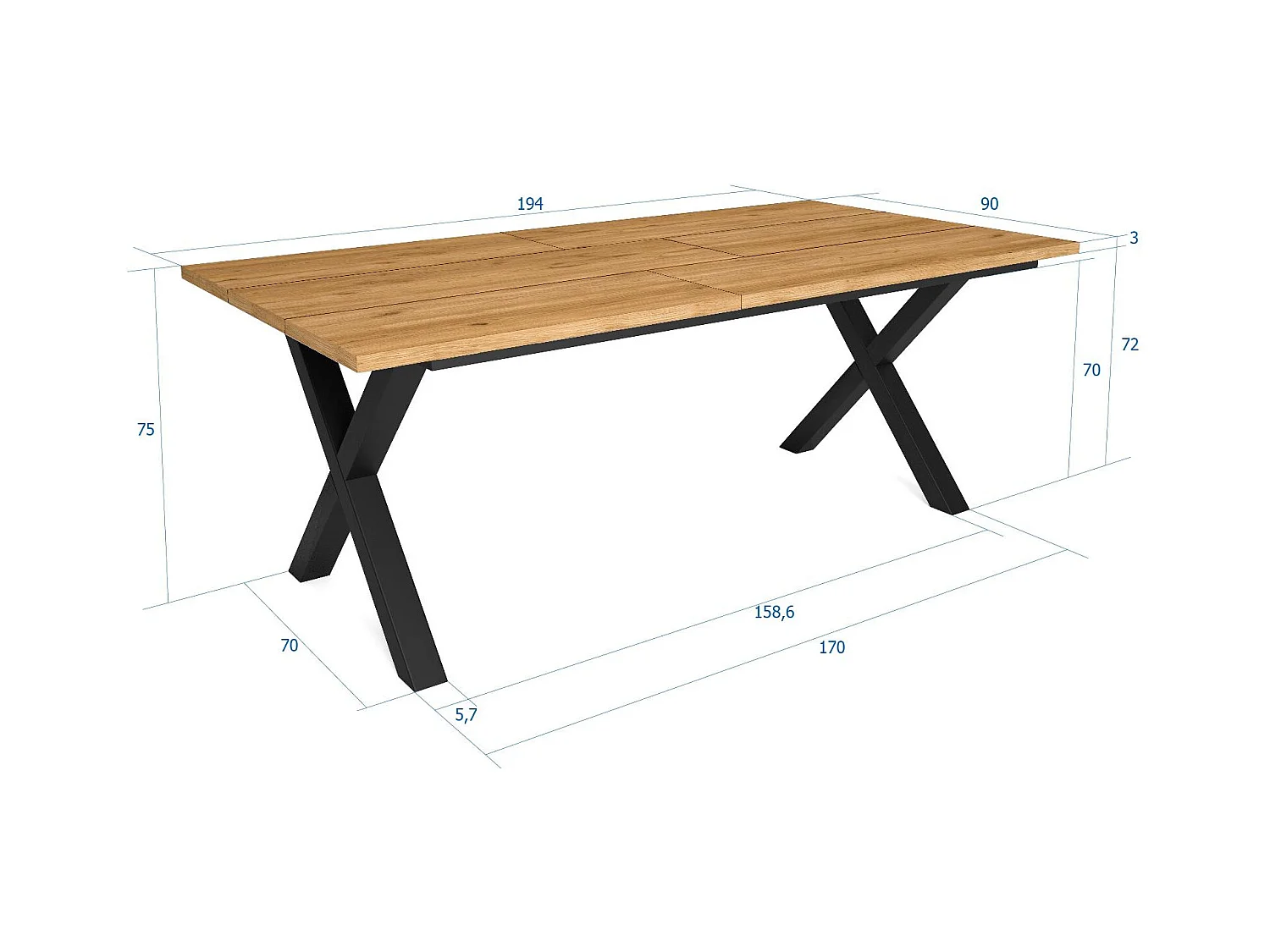 Mesa de Comedor, 10 Comensales, 194x90x75cm, Robusta y estable gracias a su estructura y patas macizas, Roble, Estilo Industrial