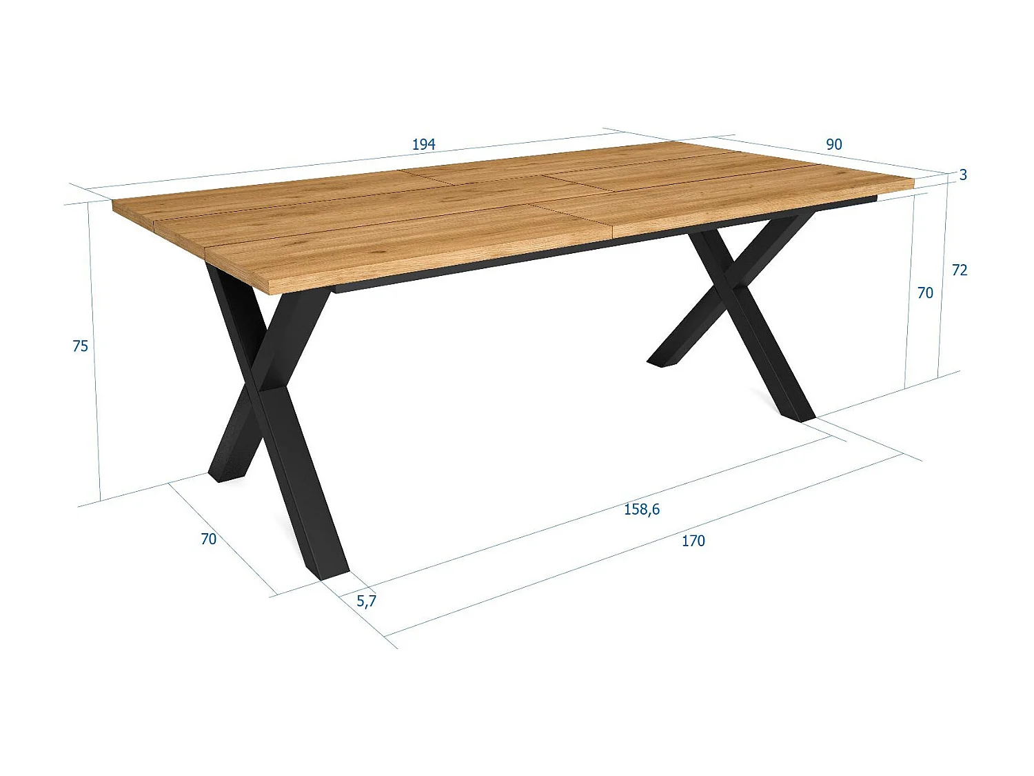 Eettafel, 10 personen, 194x90x75cm, Robuust en stabiel dankzij zijn structuur en solide poten, Eik, Industriële stijl