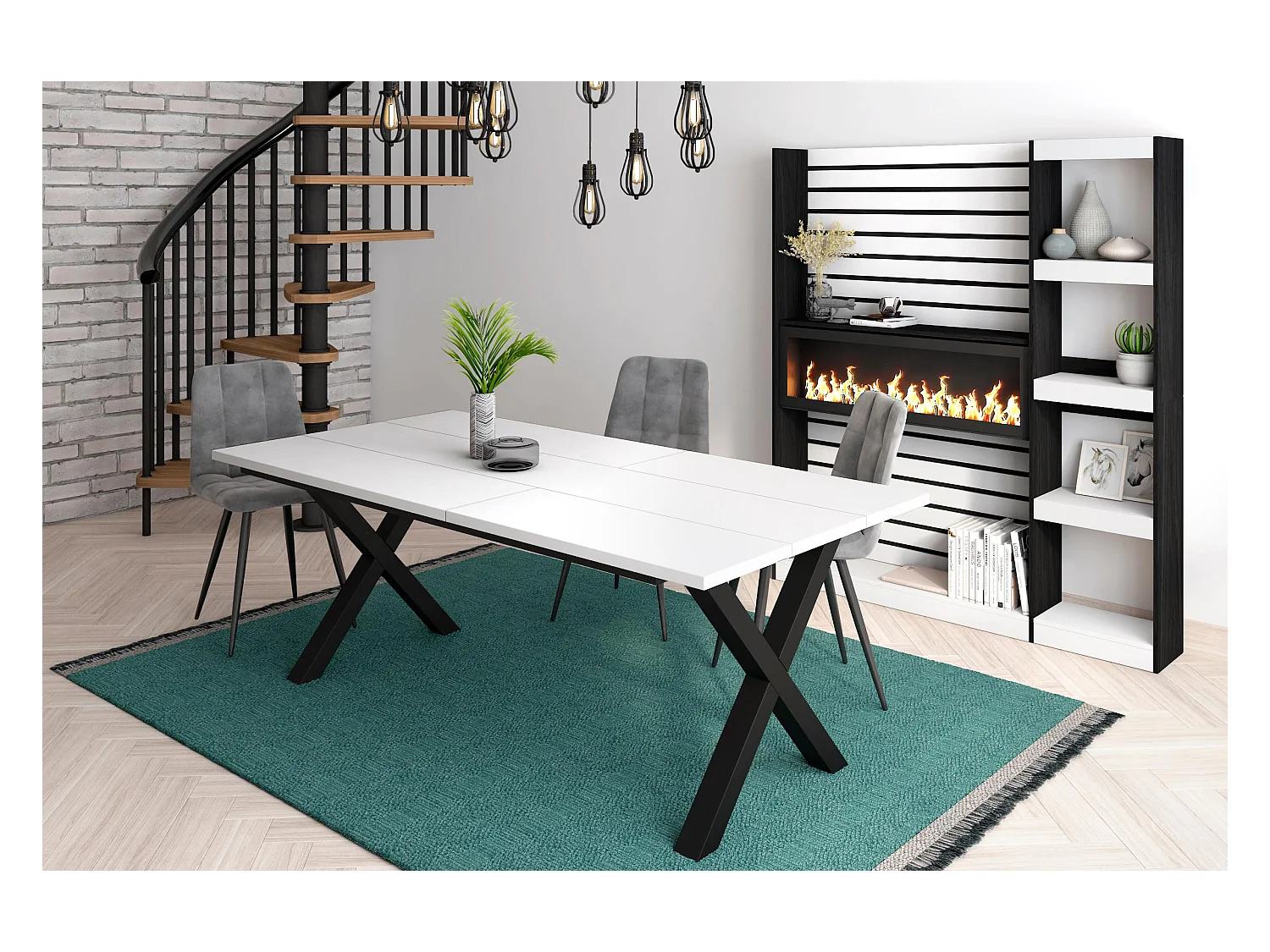 Table à manger, 10 personnes, 194x90x75cm, Robuste et stable grâce à sa structure et aux pieds solides, Blanc, Style industriel