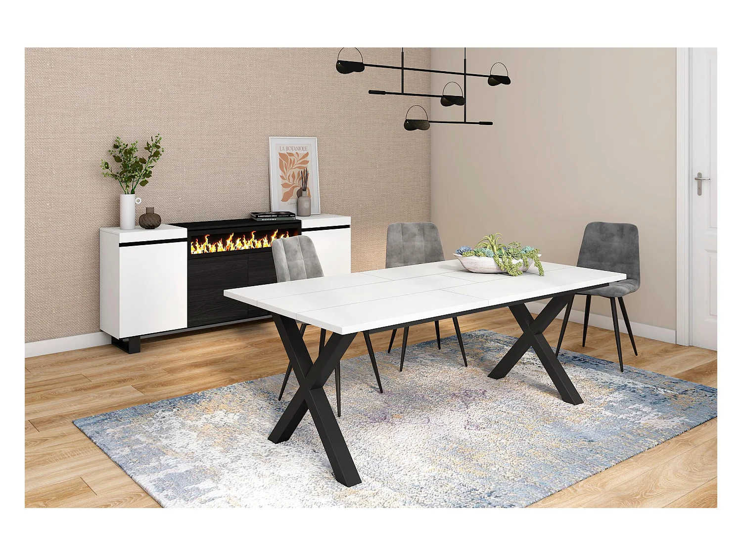 Table à manger, 10 personnes, 194x90x75cm, Robuste et stable grâce à sa structure et aux pieds solides, Blanc, Style industriel