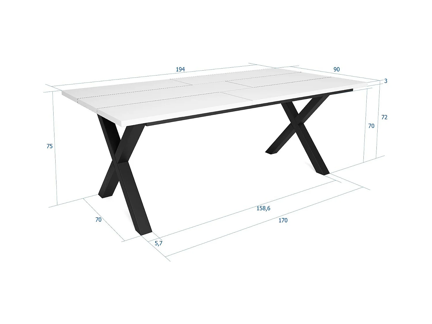 Table à manger, 10 personnes, 194x90x75cm, Robuste et stable grâce à sa structure et aux pieds solides, Blanc, Style industriel