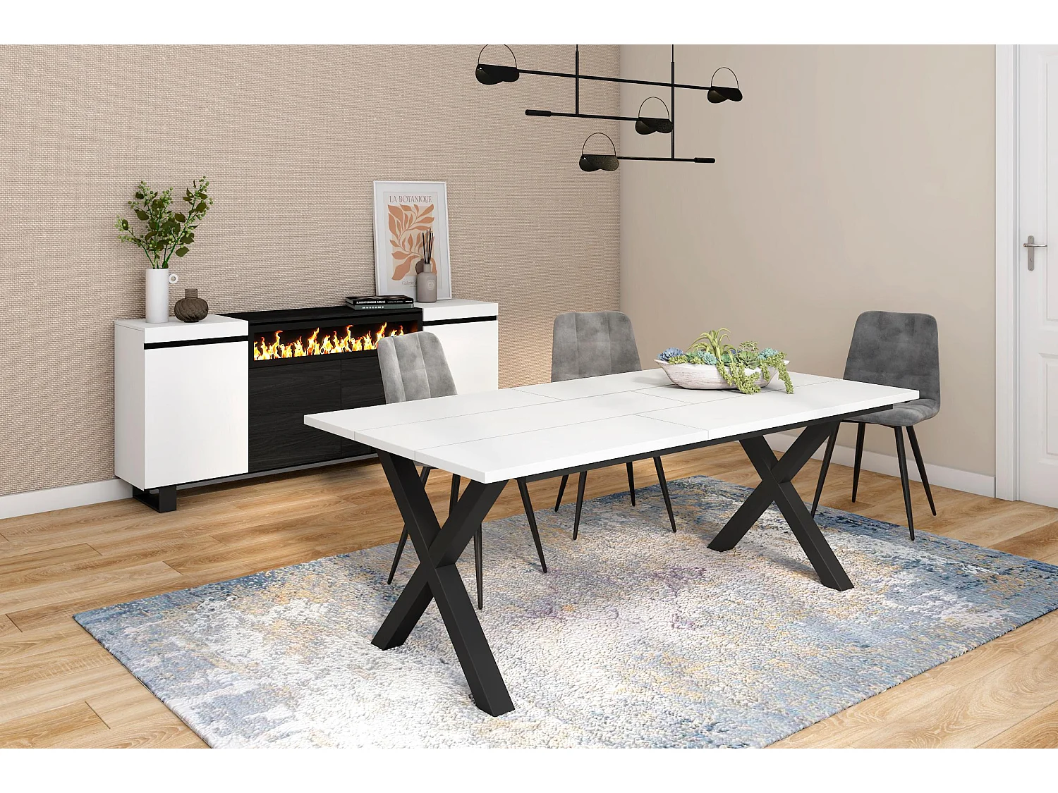 Eettafel, 10 personen, 194x90x75cm, Robuust en stabiel dankzij zijn structuur en solide poten, Wit, Industriële stijl