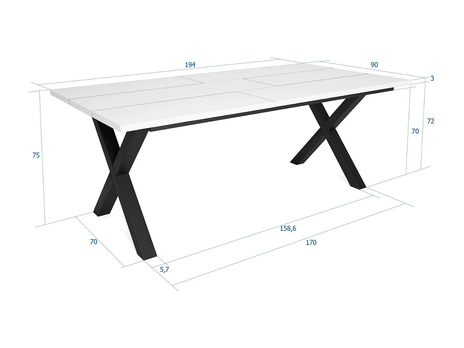 Eettafel, 10 personen, 194x90x75cm, Robuust en stabiel dankzij zijn structuur en solide poten, Wit, Industriële stijl