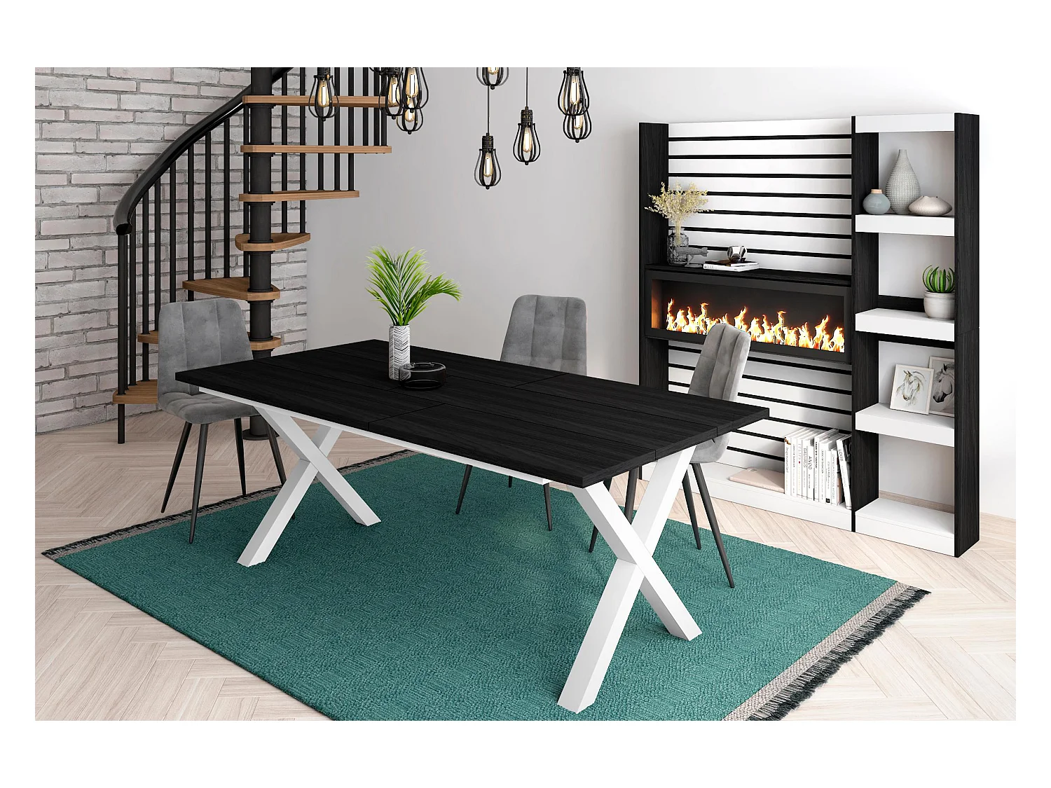 Table à manger, 10 personnes, 194x90x75cm, Robuste et stable grâce à sa structure et aux pieds solides, Noir, Style industriel