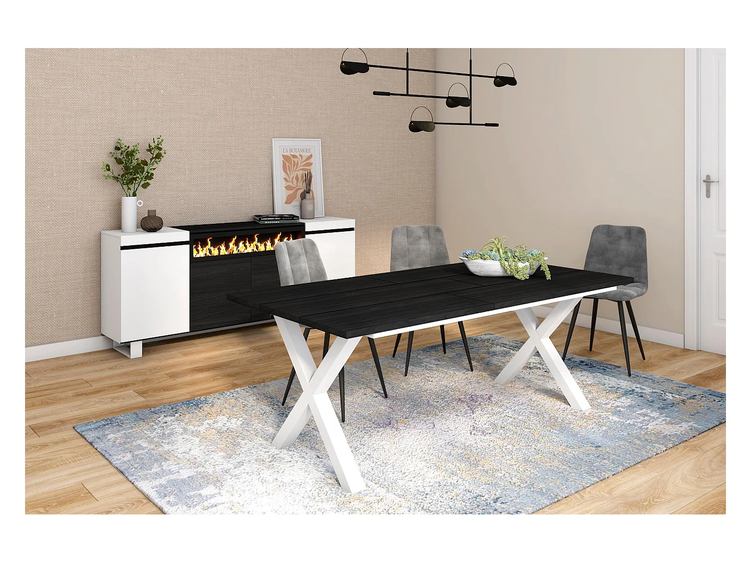 Table à manger, 10 personnes, 194x90x75cm, Robuste et stable grâce à sa structure et aux pieds solides, Noir, Style industriel