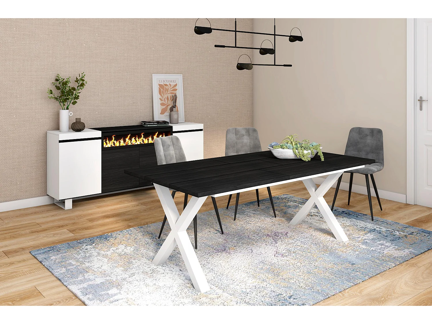 Table à manger, 10 personnes, 194x90x75cm, Robuste et stable grâce à sa structure et aux pieds solides, Noir, Style industriel