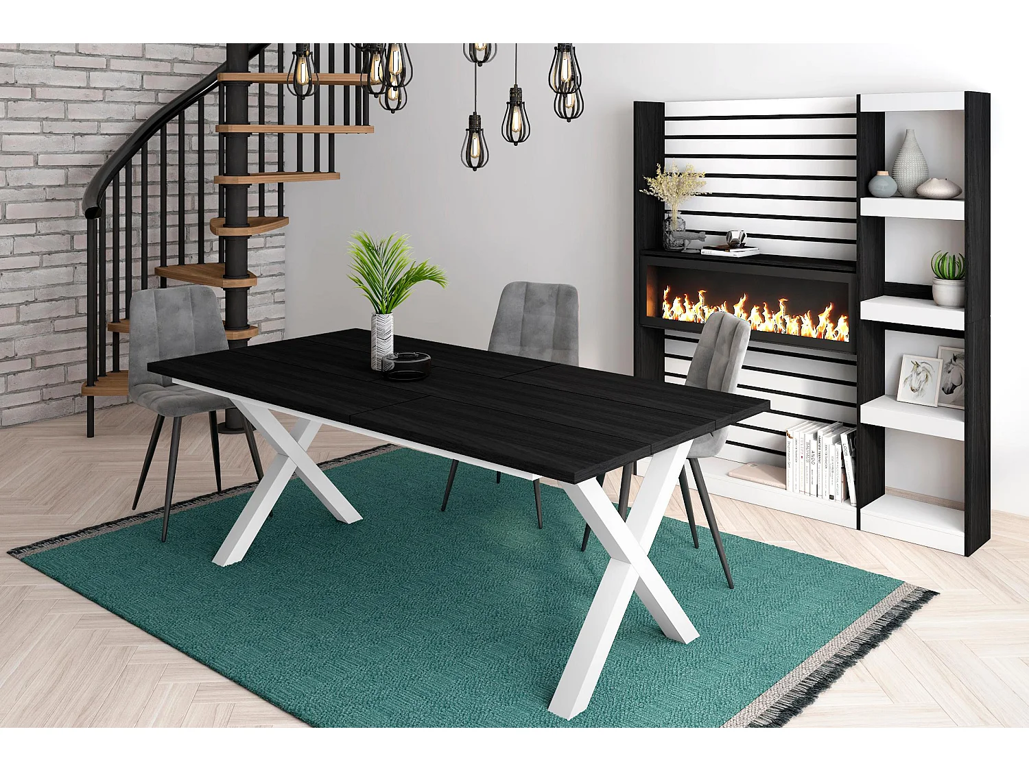 Table à manger, 10 personnes, 194x90x75cm, Robuste et stable, Noir, Style industriel