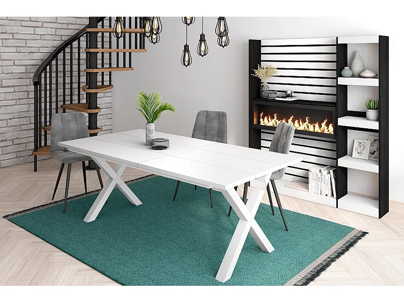 Table à manger, 10 personnes, 194x90x75cm, Robuste et stable grâce à sa structure et aux pieds solides, Blanc, Style industriel