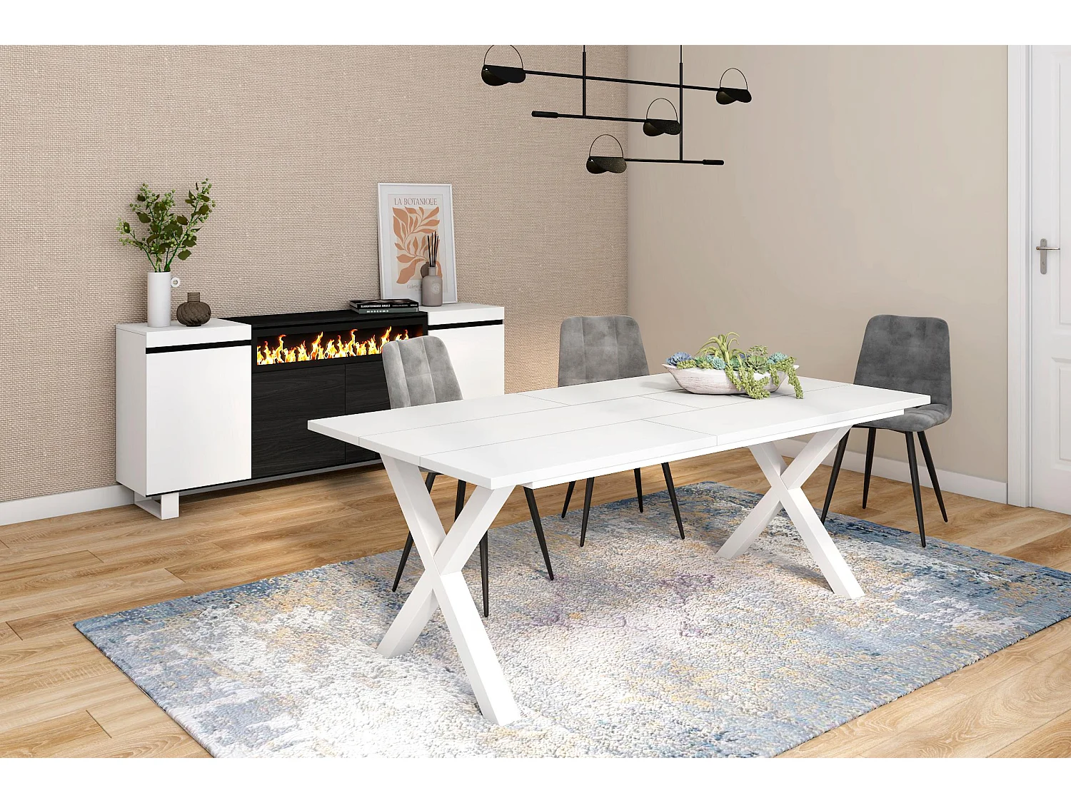 Table à manger, 10 personnes, 194x90x75cm, Robuste et stable grâce à sa structure et aux pieds solides, Blanc, Style industriel