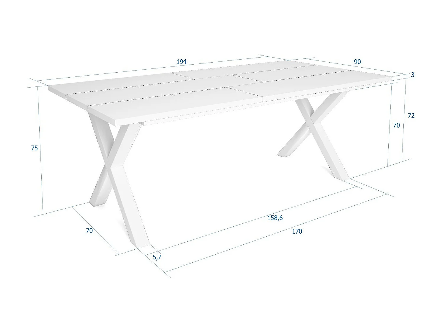 Table à manger, 10 personnes, 194x90x75cm, Robuste et stable grâce à sa structure et aux pieds solides, Blanc, Style industriel