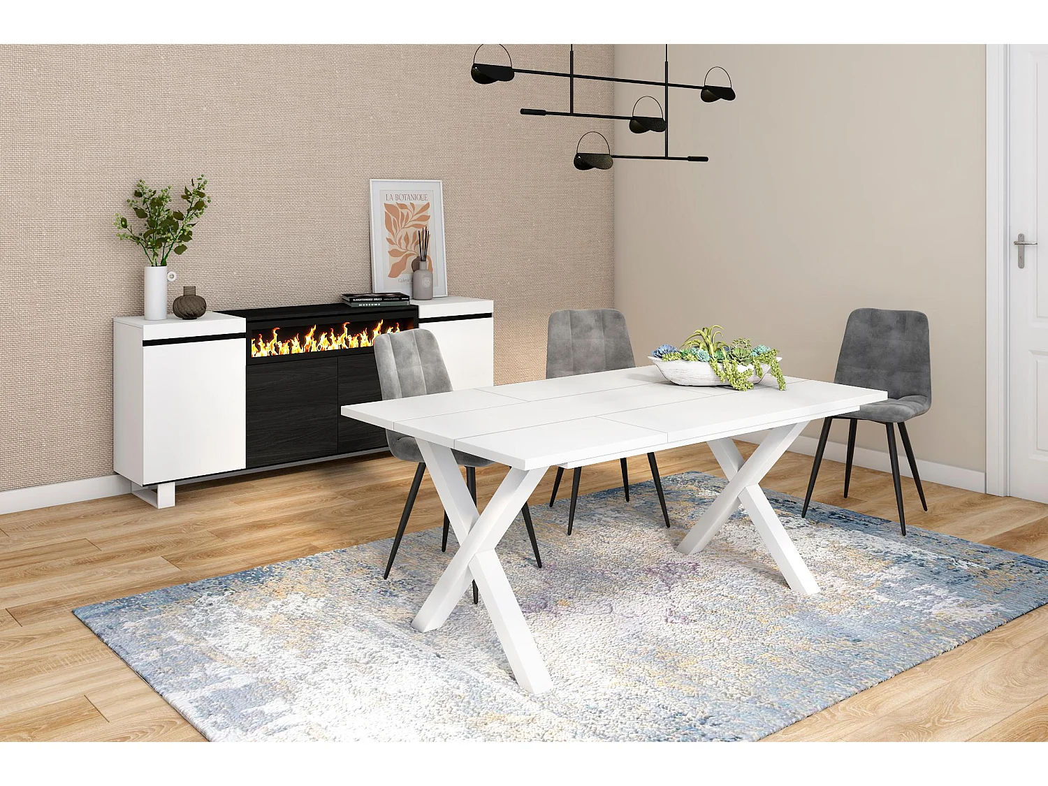 Table à manger, 8 personnes, 167x90x75cm, Robuste et stable grâce à sa structure et aux pieds solides, Blanc, Style industriel