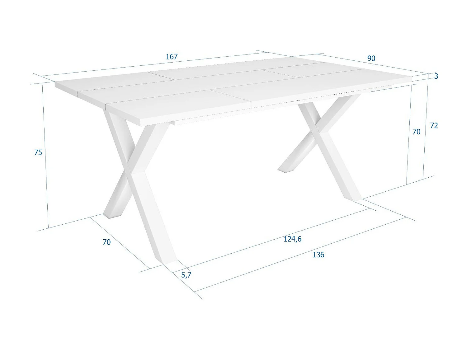 Table à manger, 8 personnes, 167x90x75cm, Robuste et stable grâce à sa structure et aux pieds solides, Blanc, Style industriel