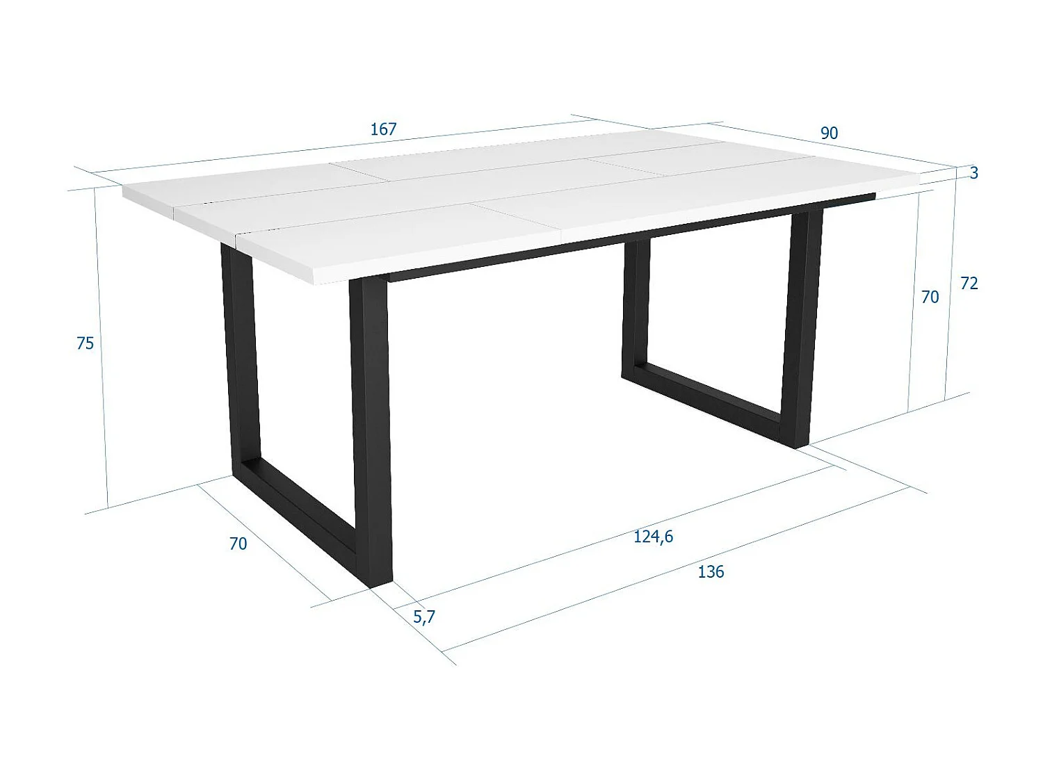 Esstische, 8 personen, 167x90x75cm, Robust und stabil dank seiner Struktur und solide Beine, Weiß, Industrielles Stil