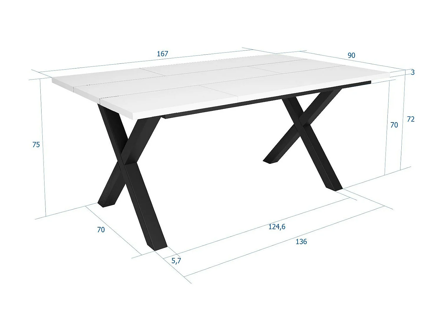 Table à manger, 8 personnes, 167x90x75cm, Robuste et stable grâce à sa structure et aux pieds solides, Blanc, Style industriel