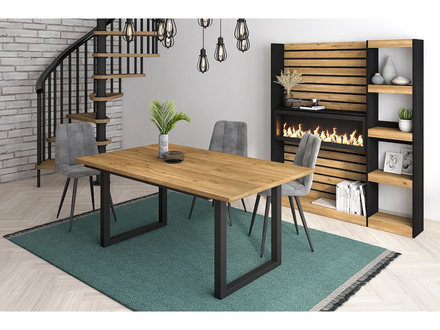 Mesa de Comedor, 8 Comensales, 167x90x75cm, Robusta y estable gracias a su estructura y patas macizas, Roble, Estilo Industrial