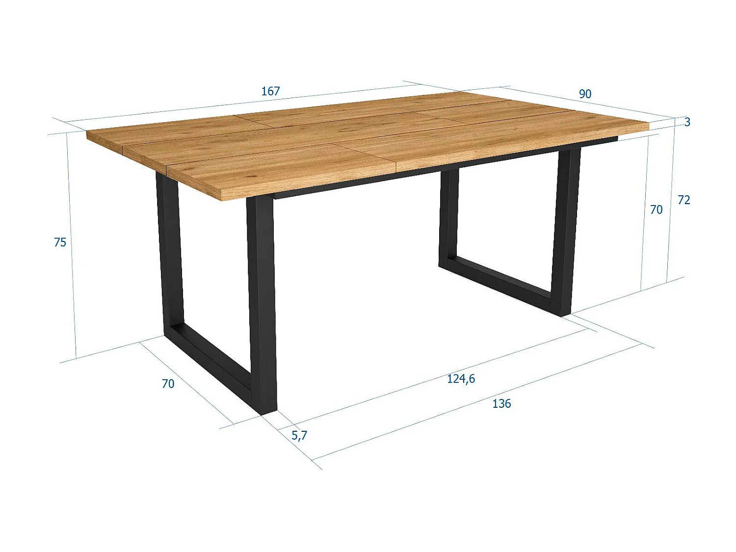 Table à manger, 8 personnes, 167x90x75cm, Robuste et stable grâce à sa structure et aux pieds solides, Chêne, Style industriel