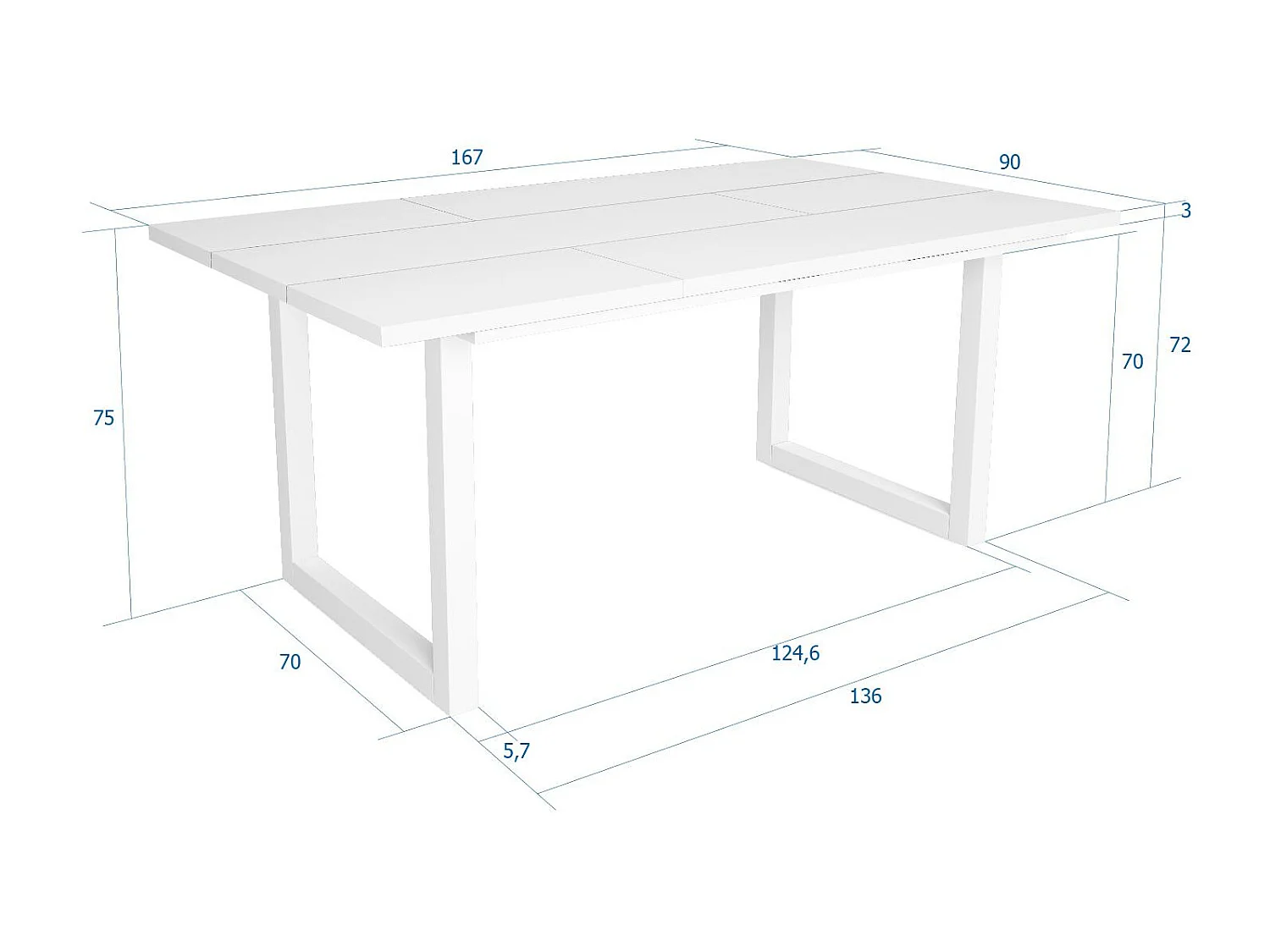 Mesa de Comedor, 8 Comensales, 167x90x75cm, Robusta y estable gracias a su estructura y patas macizas, Blanco, Estilo Industrial