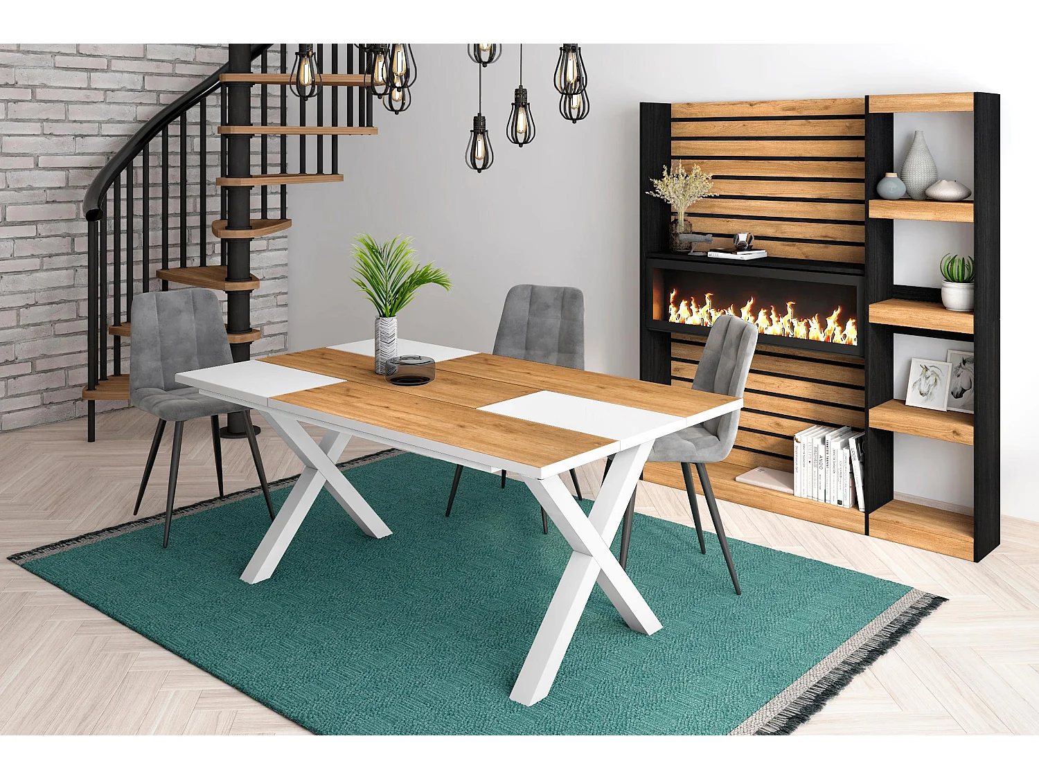 Table à manger, 8 personnes, 167x90x75cm, Robuste et stable grâce à sa structure et aux pieds solides, Chêne et blanc, Style industriel