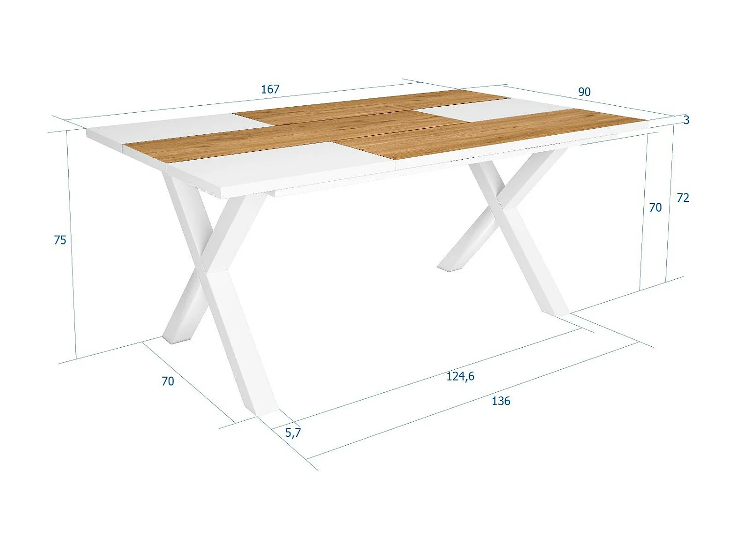 Table à manger, 8 personnes, 167x90x75cm, Robuste et stable grâce à sa structure et aux pieds solides, Chêne et blanc, Style industriel