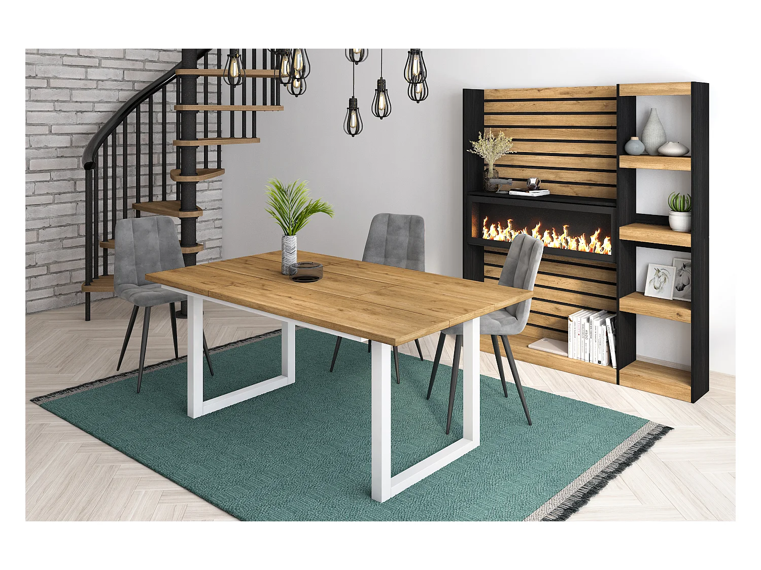 Eettafel, 8 personen, 167x90x75cm, Robuust en stabiel dankzij zijn structuur en solide poten, Eik, Industriële stijl