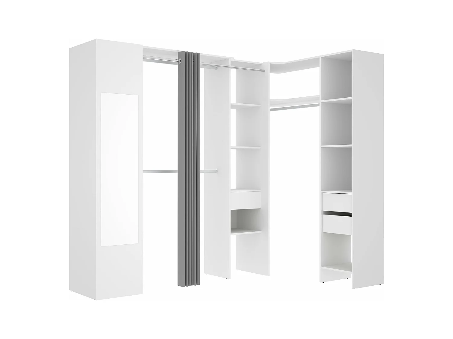 Dressing d'angle avec rideau et 1 porte - Avec miroir - L231 cm - Blanc et gris - BERTRAND