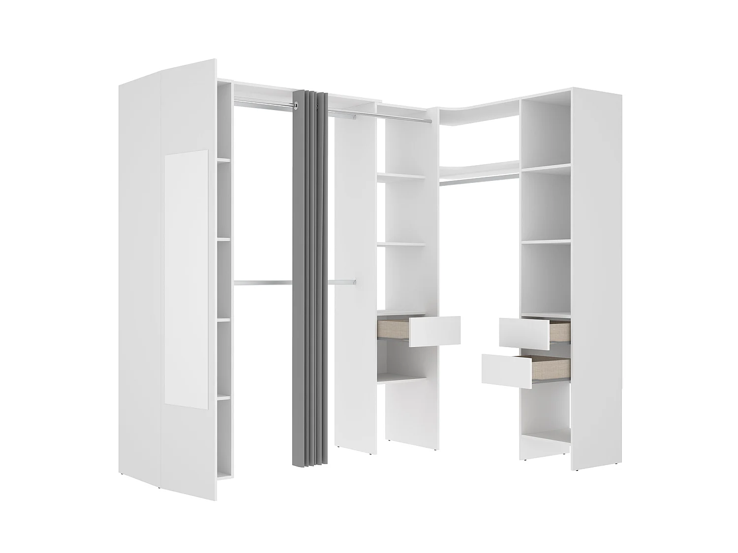 Dressing d'angle avec rideau et 1 porte - Avec miroir - L231 cm - Blanc et gris - BERTRAND