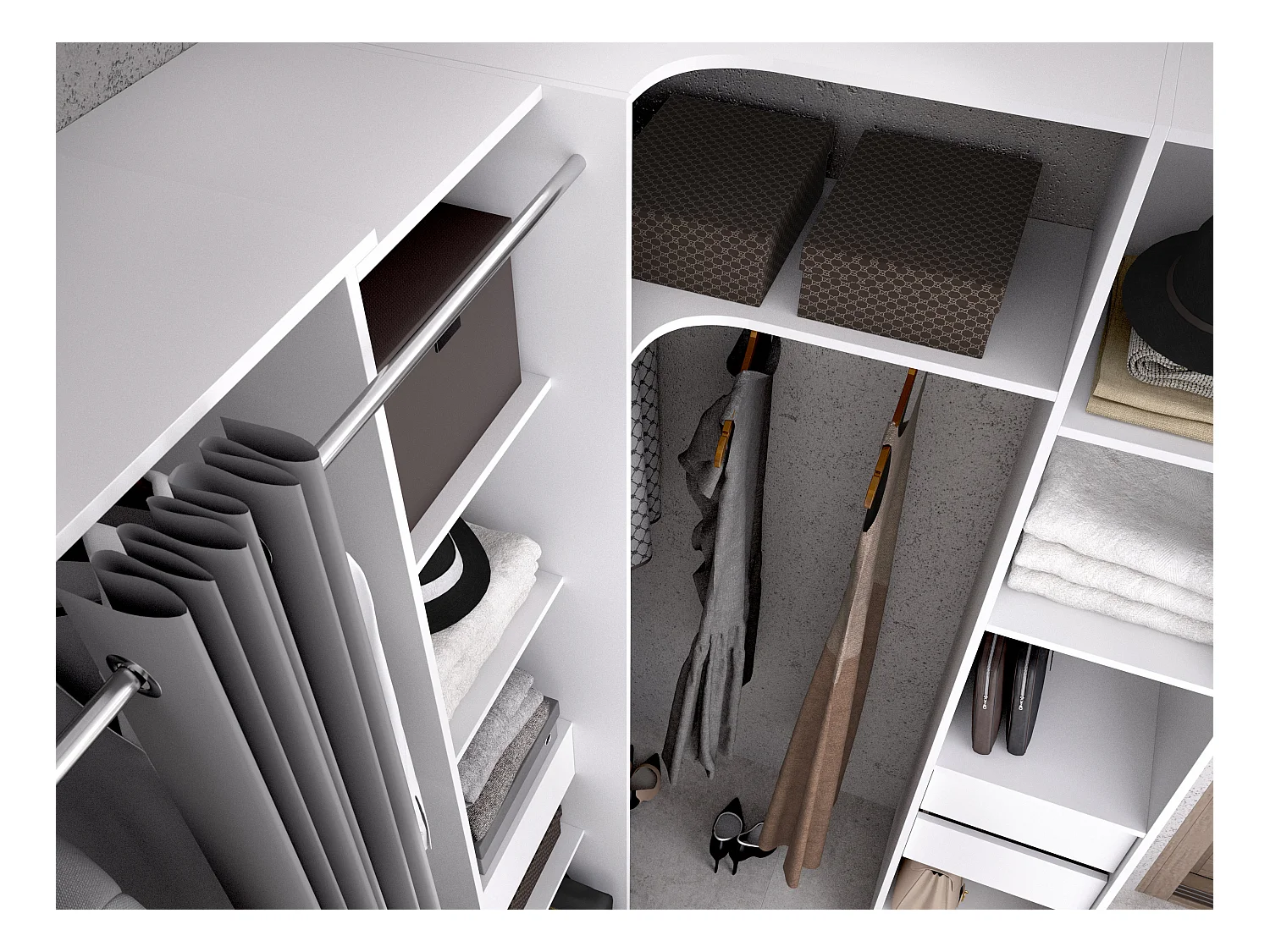 Dressing d'angle avec rideau et 1 porte - Avec miroir - L231 cm - Blanc et gris - BERTRAND