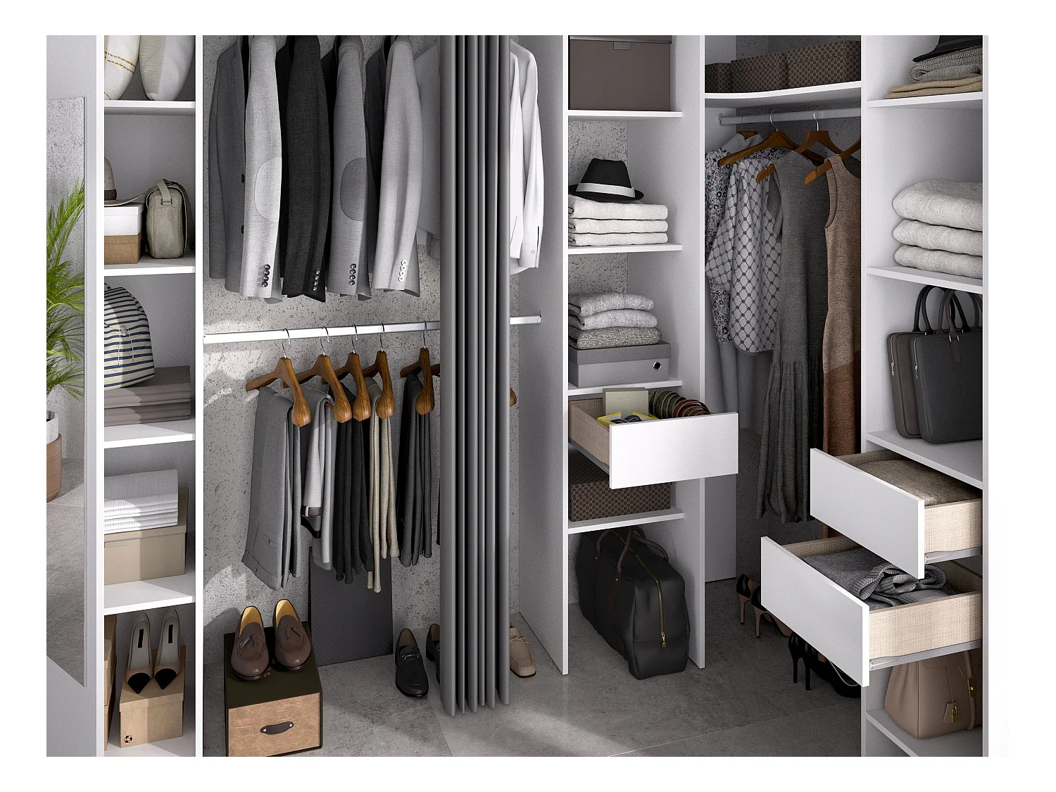 Dressing d'angle avec rideau et 1 porte - Avec miroir - L231 cm - Blanc et gris - BERTRAND