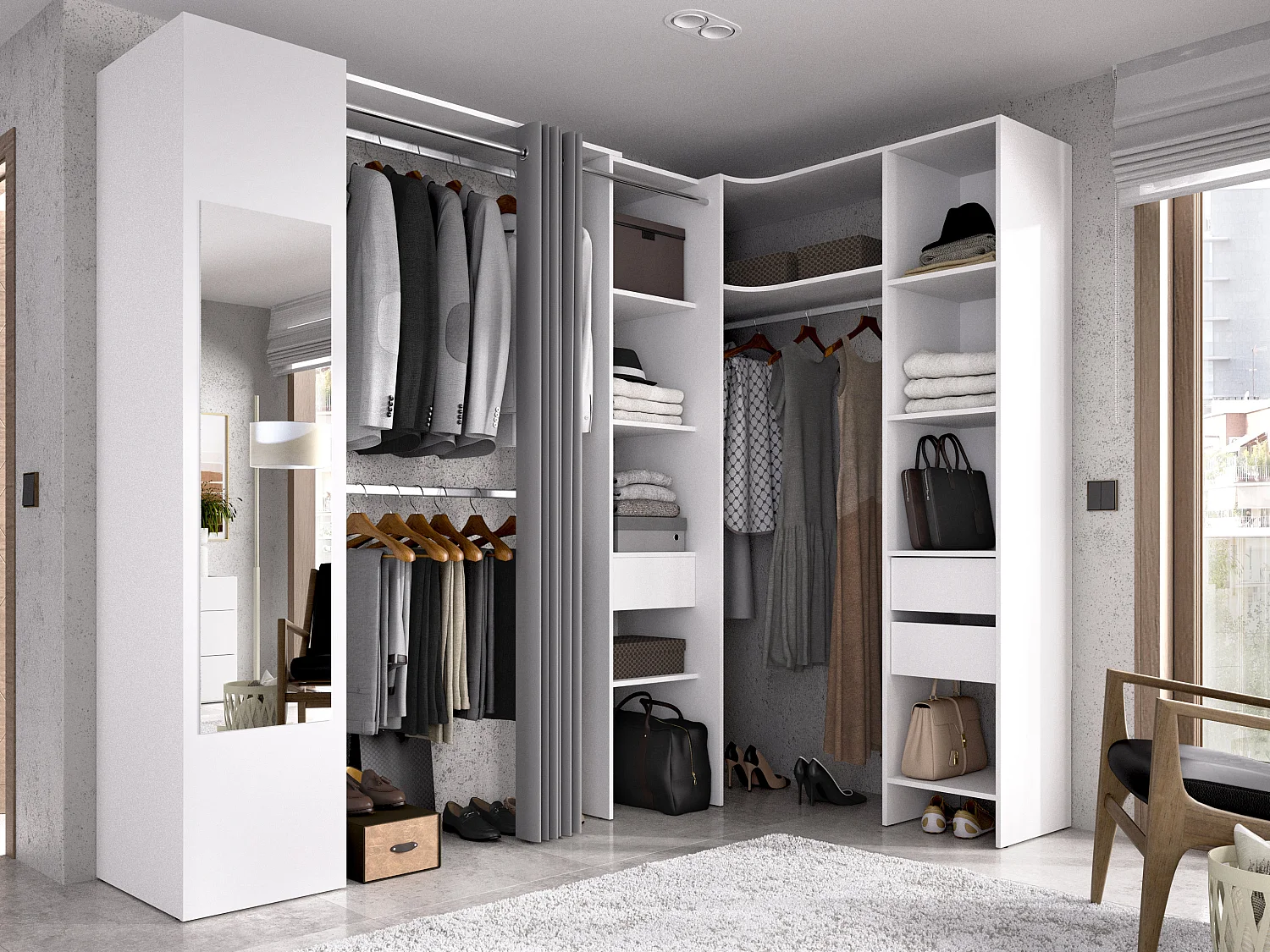 Dressing d'angle avec rideau et 1 porte - Avec miroir - L231 cm - Blanc et gris - BERTRAND