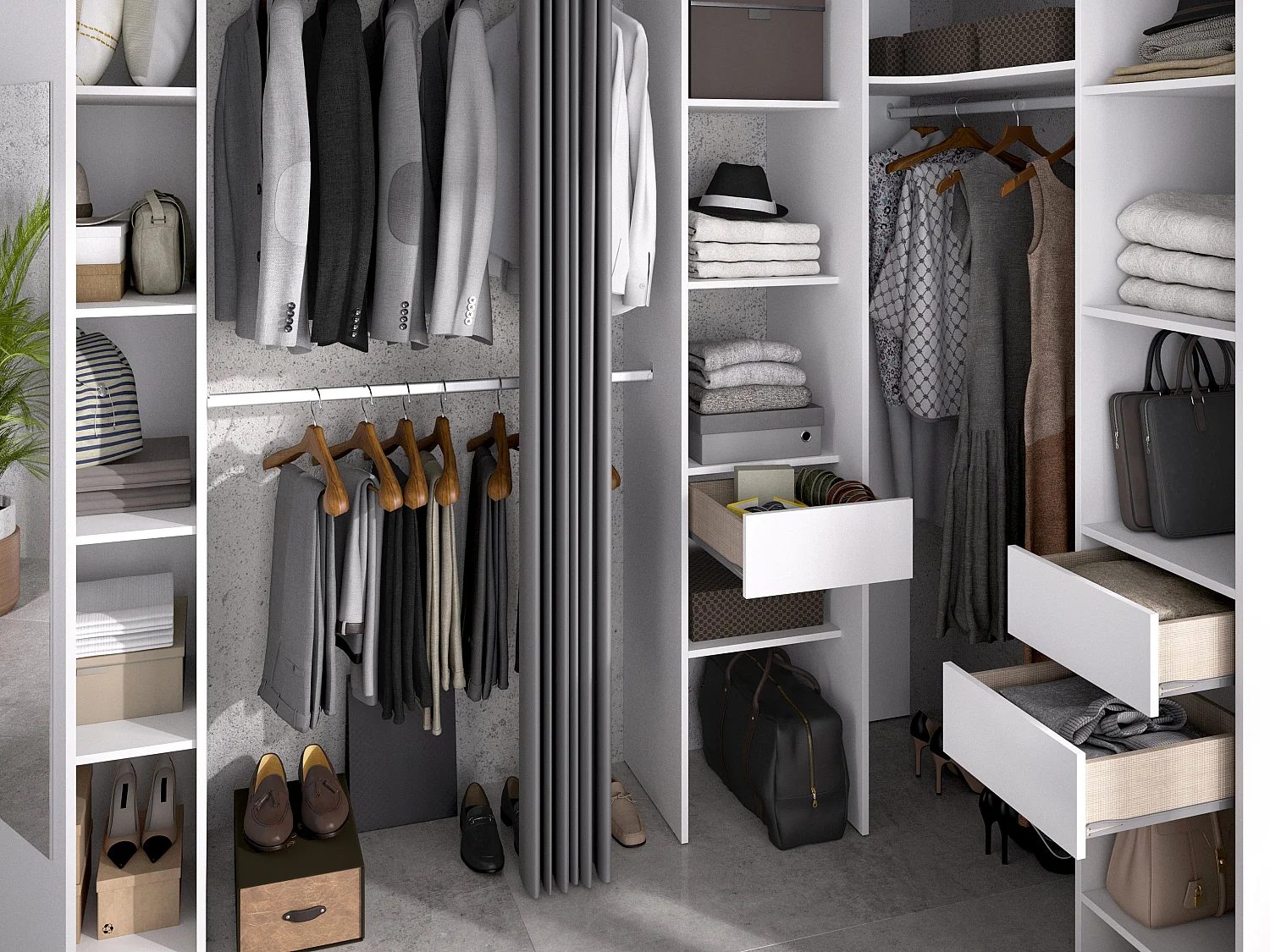 Dressing d'angle avec rideau et 1 porte - Avec miroir - L231 cm - Blanc et gris - BERTRAND