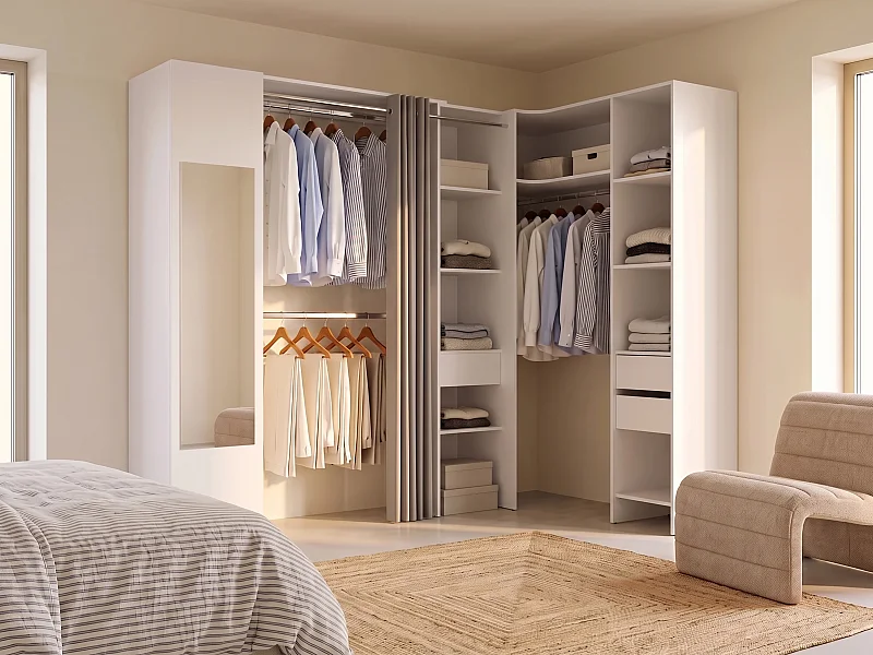 Eckkleiderschrank mit Vorhang & 1 Tür - Mit Spiegel - B 231 cm - Weiß & Grau - BERTRAND