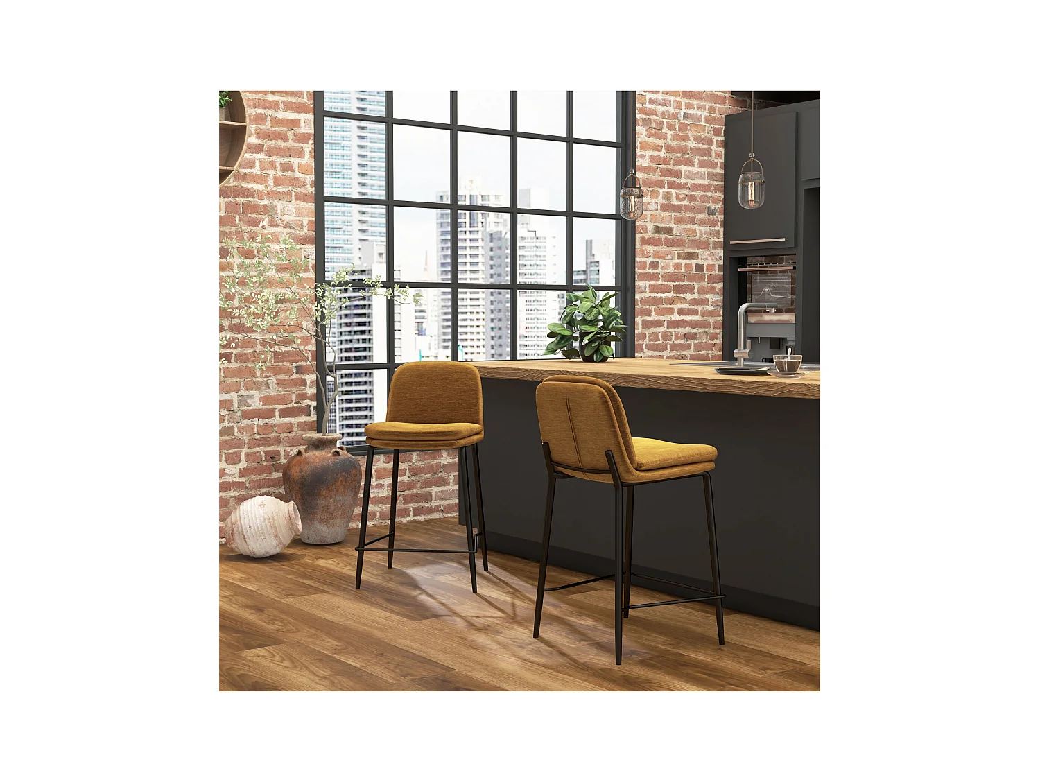 NOLAN-Sedia da bar in metallo nero e tessuto senape (x2)