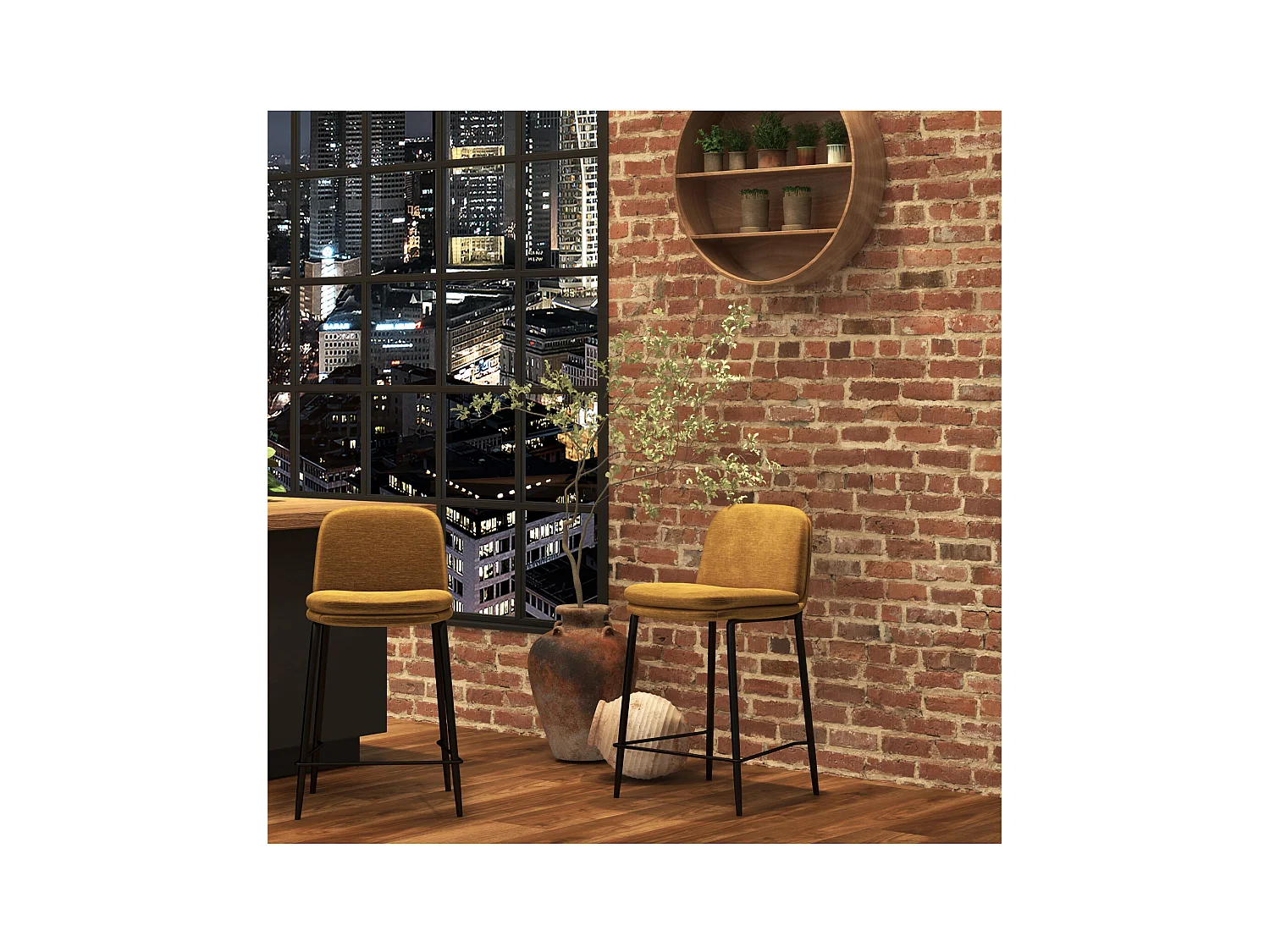 NOLAN-Sedia da bar in metallo nero e tessuto senape (x2)